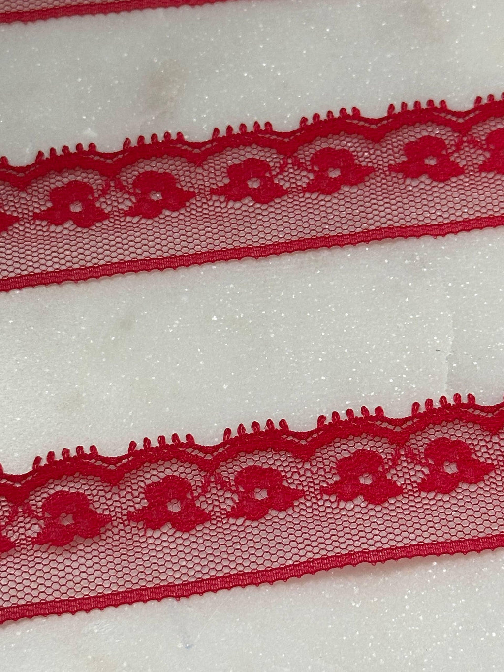 Ultra Soft Crimson Red Floral Eyelash Non-Stretch Mesh Lace Trim by the Yard, Narrow Scalloped Tulle Ribbon, 1", Retail Wholesale Bulk