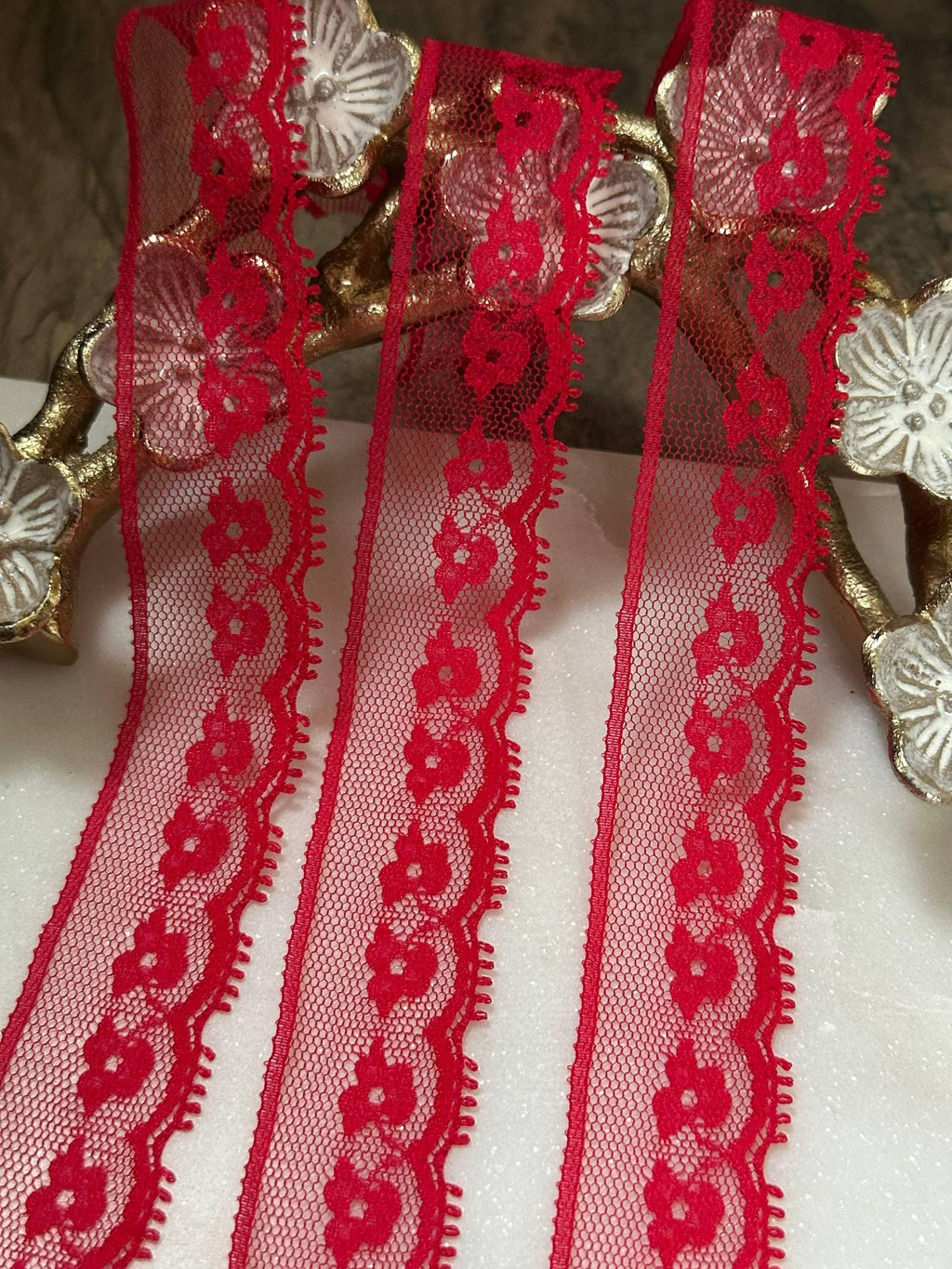 Ultra Soft Crimson Red Floral Eyelash Non-Stretch Mesh Lace Trim by the Yard, Narrow Scalloped Tulle Ribbon, 1", Retail Wholesale Bulk