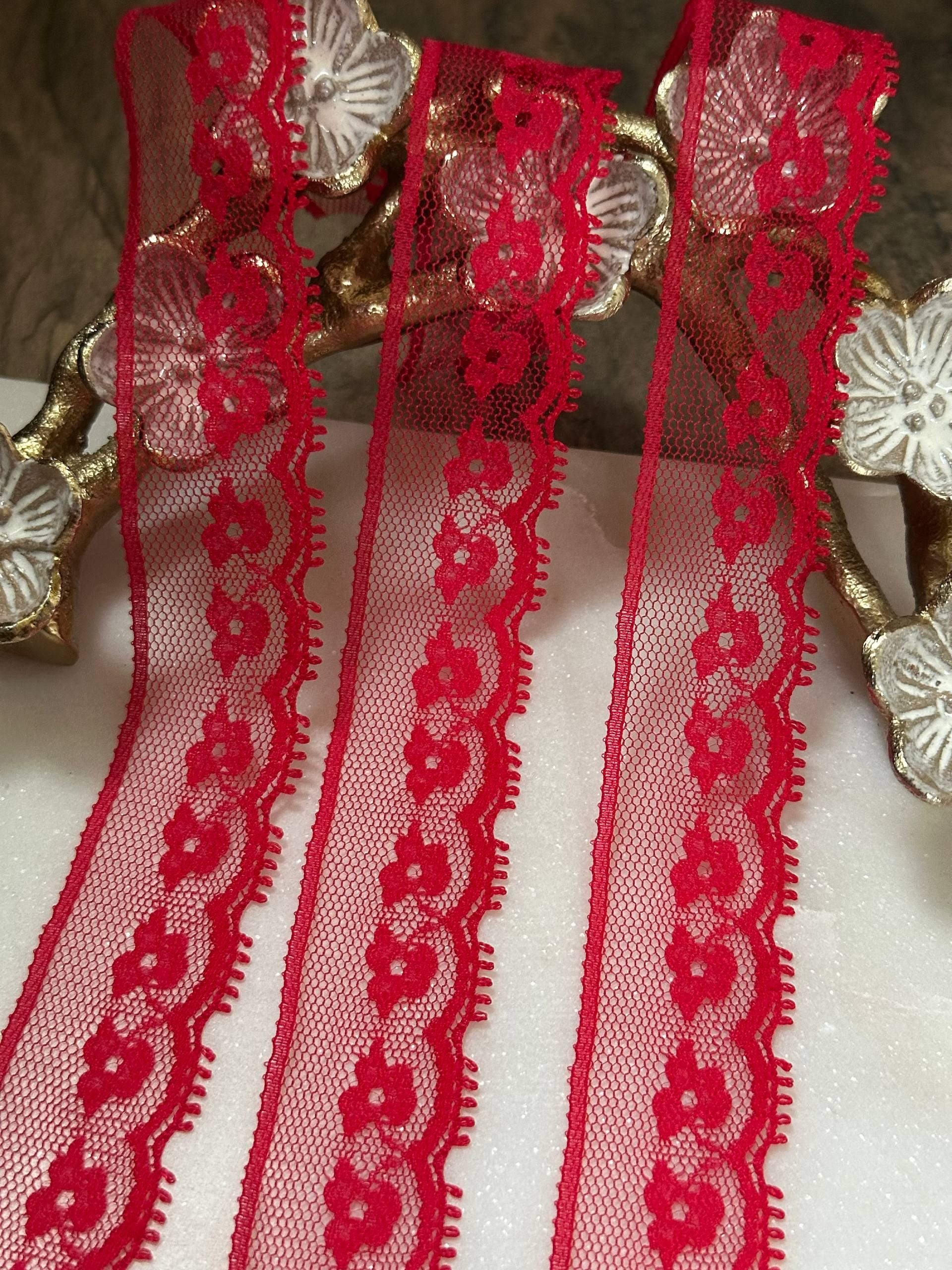 Ultra Soft Crimson Red Floral Eyelash Non-Stretch Mesh Lace Trim by the Yard, Narrow Scalloped Tulle Ribbon, 1", Retail Wholesale Bulk