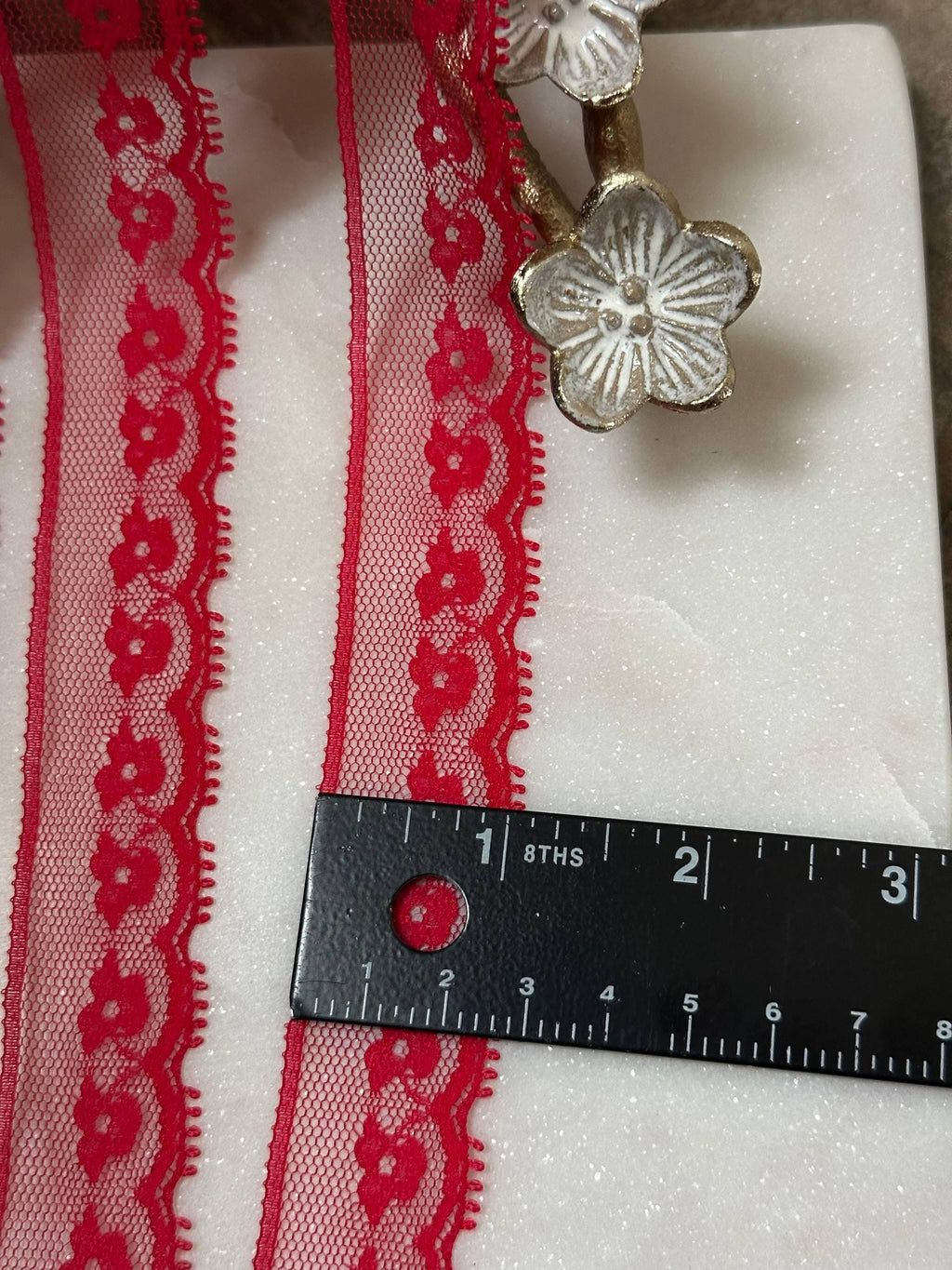 Ultra Soft Crimson Red Floral Eyelash Non-Stretch Mesh Lace Trim by the Yard, Narrow Scalloped Tulle Ribbon, 1", Retail Wholesale Bulk