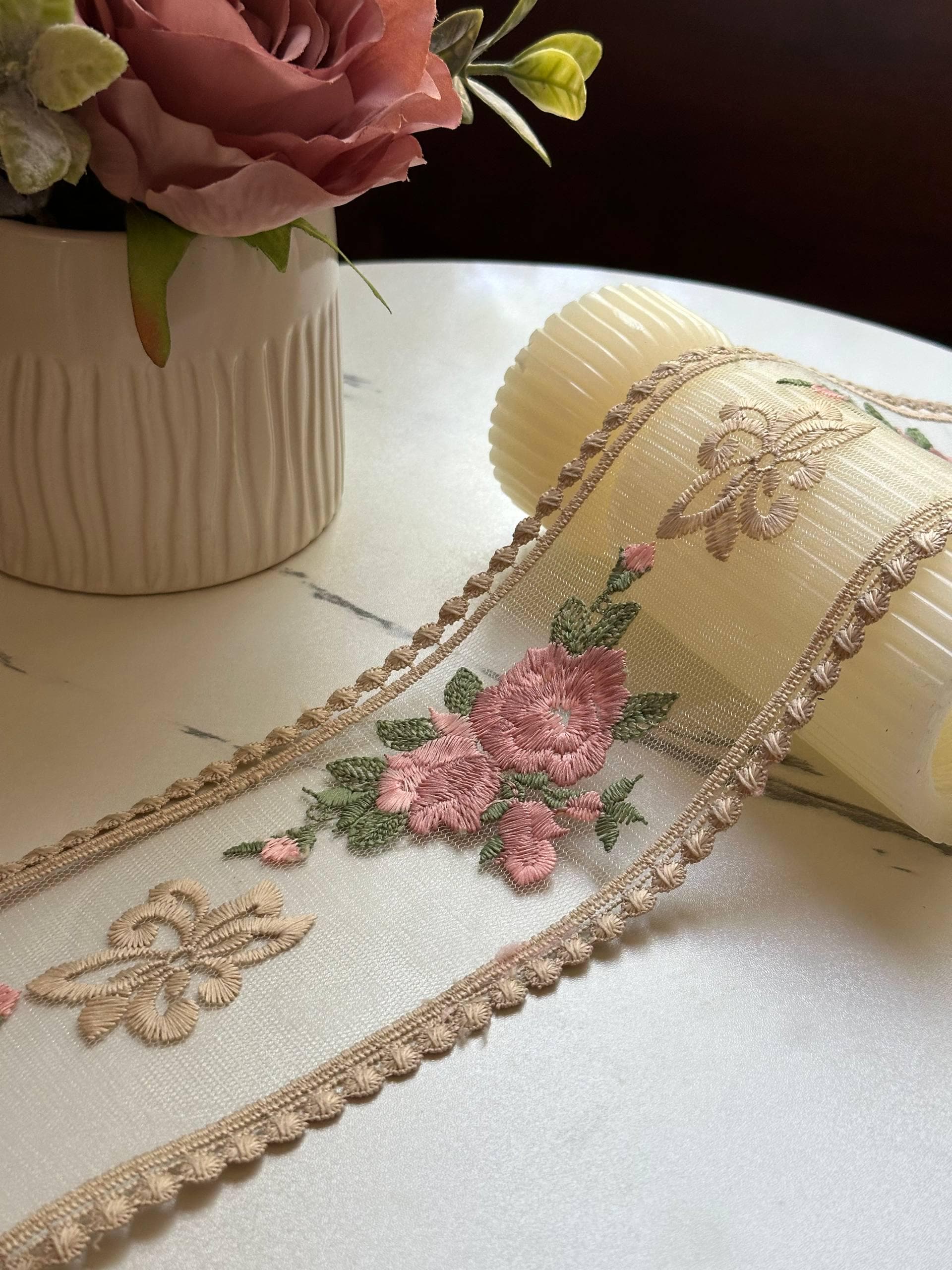 Vintage Rose Embroidered Organza Lace Trim by the Yard, Structured Wide Floral Ribbon for Curtains Pillows Home Decor Crafts, 3.5"