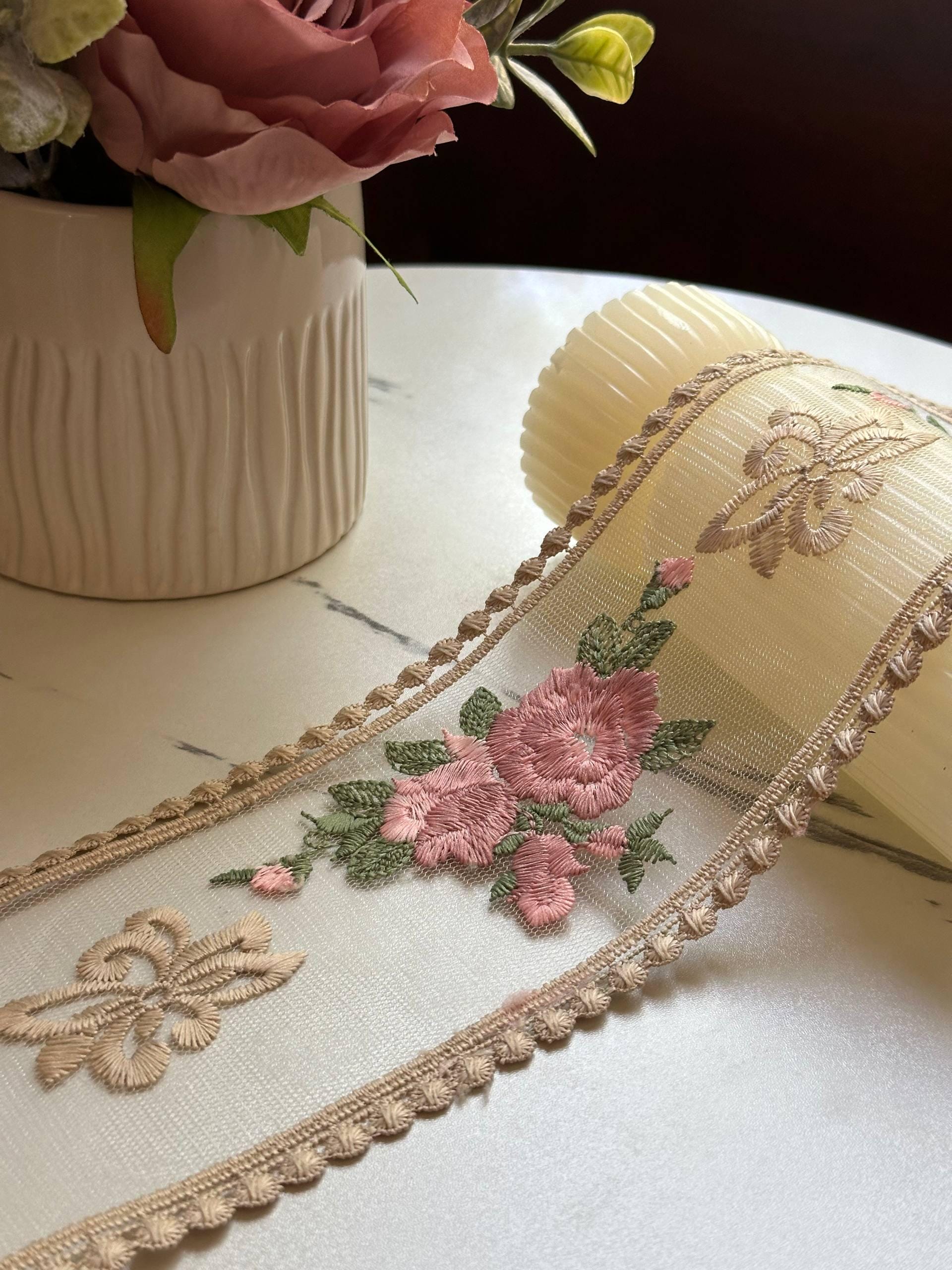 Vintage Rose Embroidered Organza Lace Trim by the Yard, Structured Wide Floral Ribbon for Curtains Pillows Home Decor Crafts, 3.5"