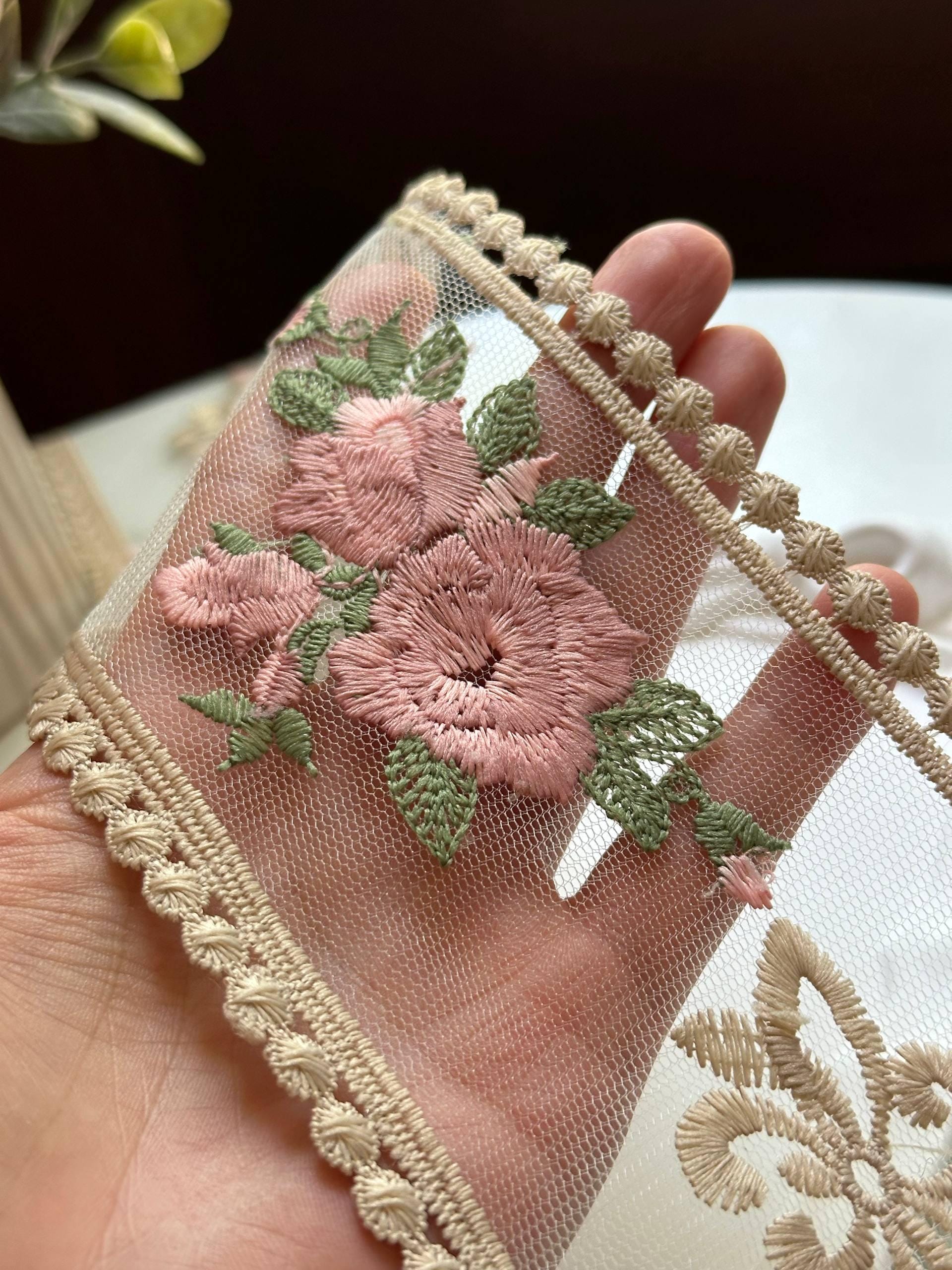 Vintage Rose Embroidered Organza Lace Trim by the Yard, Structured Wide Floral Ribbon for Curtains Pillows Home Decor Crafts, 3.5"