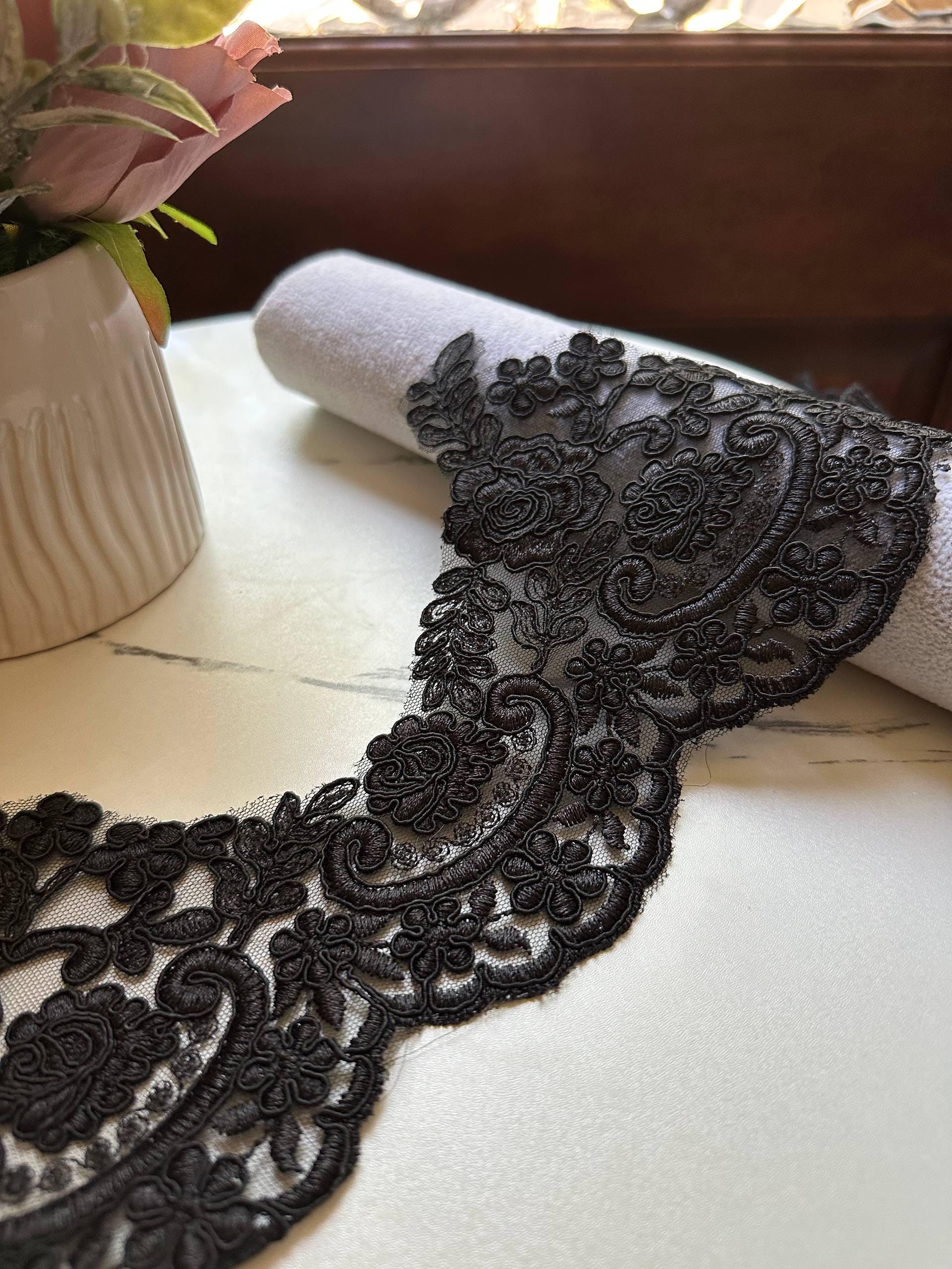Black Corded Alencon Lace Trim by the Yard, Wide Bridal Lace Supply for Wedding Dress Couture Gowns Evening Veil Edge, 5" Max Width