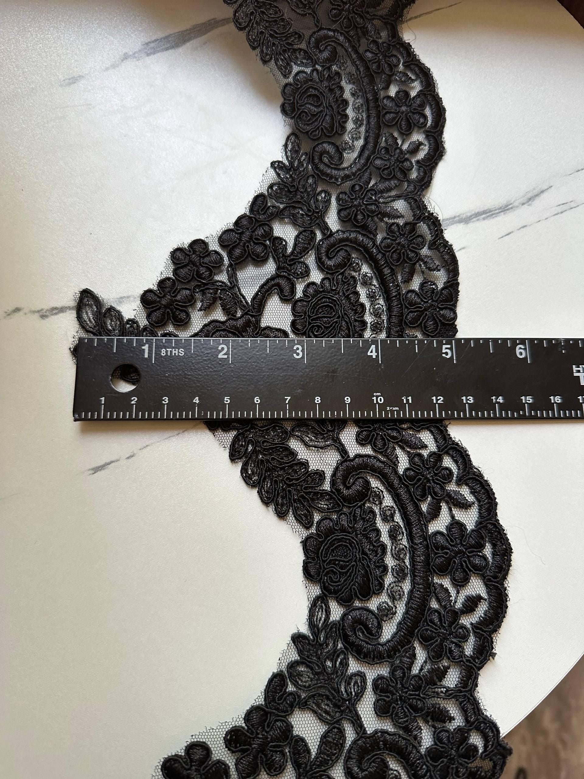Black Corded Alencon Lace Trim by the Yard, Wide Bridal Lace Supply for Wedding Dress Couture Gowns Evening Veil Edge, 5" Max Width