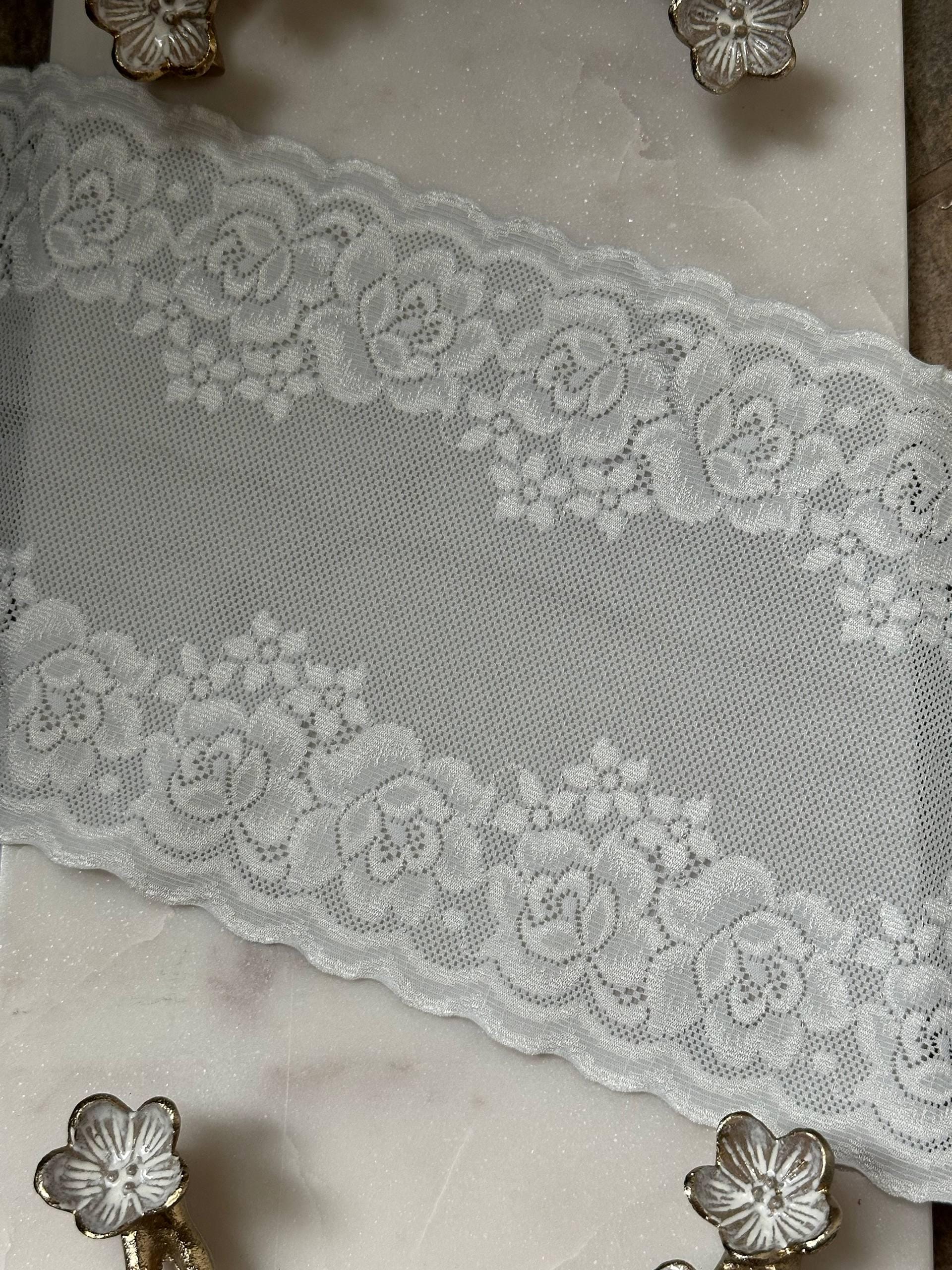 Japanese Off White Rose Wide Stretch Lace Trim by Yard, Bridal Wedding Garter Robe Scalloped Panel, 7", Retail Wholesale Bulk