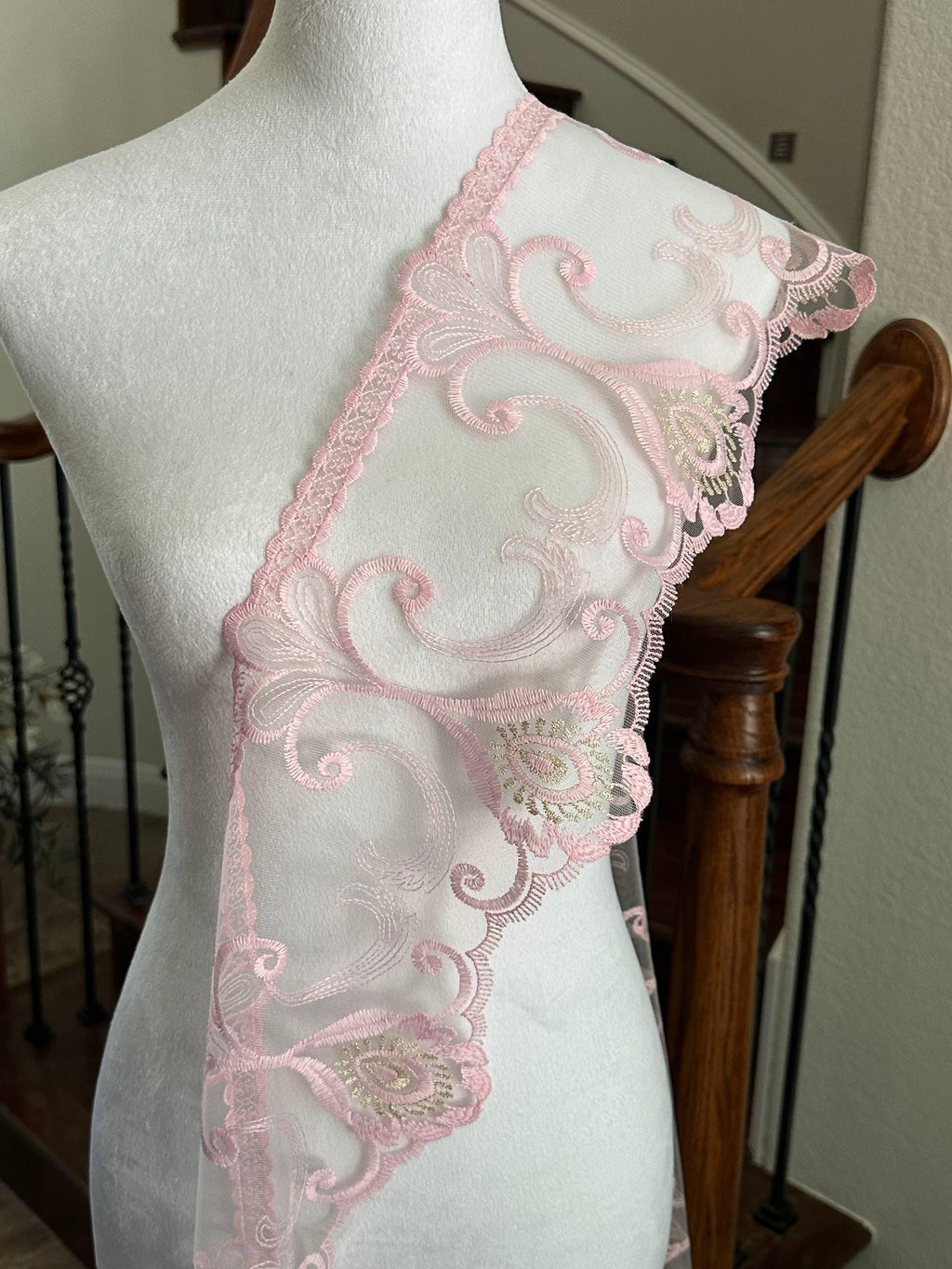 Dusty Pink Gold Embroidered Organza Lace Trim by the Yard, Wide Structured Scroll Ribbon for Curtain Pillow Home Decor Crafts, 7.2"