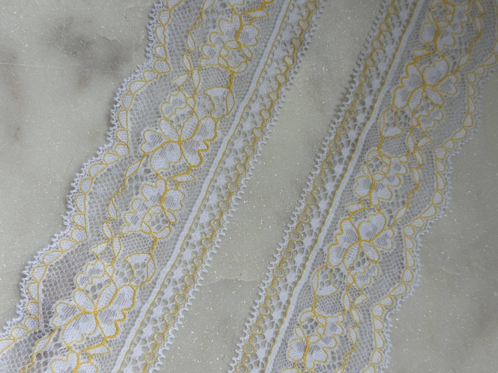 Two Tone White Yellow Floral Corded Stretch Lace Trim by Yard, Scalloped Elastic Ribbon for Crafts, 2.35", Retail Wholesale Bulk