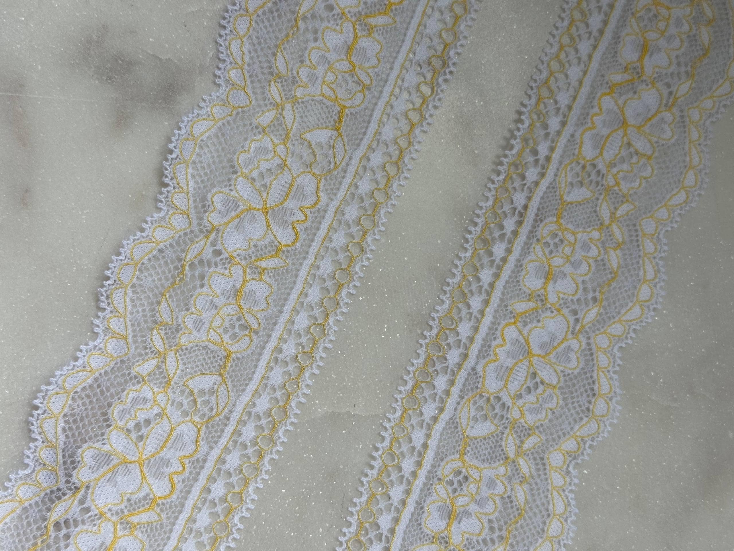 Two Tone White Yellow Floral Corded Stretch Lace Trim by Yard, Scalloped Elastic Ribbon for Crafts, 2.35", Retail Wholesale Bulk