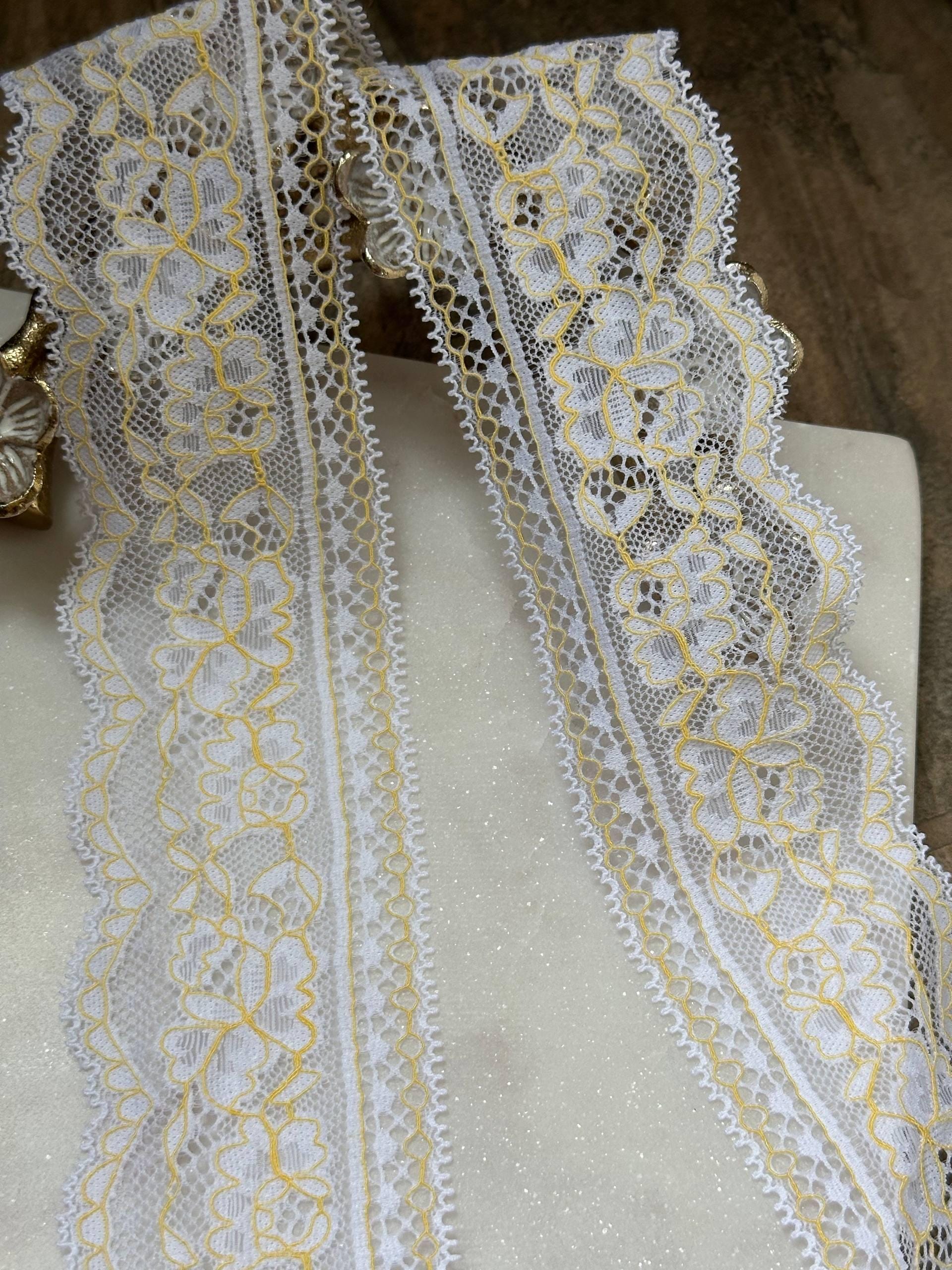 Two Tone White Yellow Floral Corded Stretch Lace Trim by Yard, Scalloped Elastic Ribbon for Crafts, 2.35", Retail Wholesale Bulk