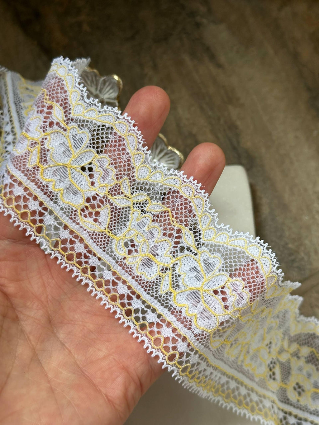 Two Tone White Yellow Floral Corded Stretch Lace Trim by Yard, Scalloped Elastic Ribbon for Crafts, 2.35", Retail Wholesale Bulk