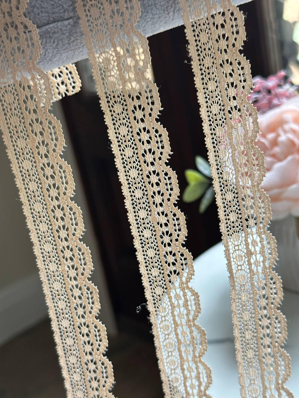 Soft Champagne Nude Beige Lightweight Stretch Lace Trim by Yard, Narrow Scalloped Elastic Ribbon for Crafts, 0.85", Retail Wholesale Bulk