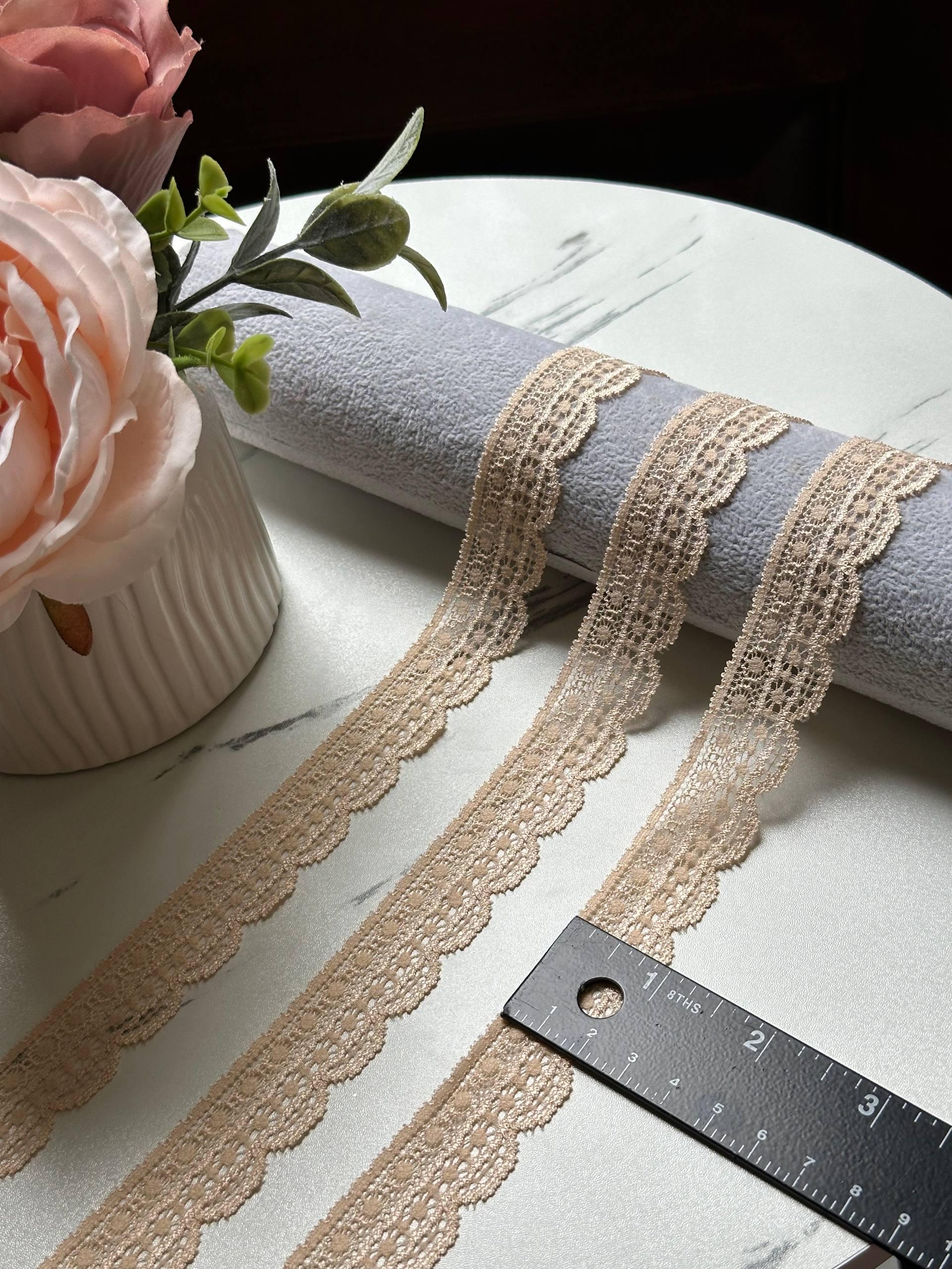 Soft Champagne Nude Beige Lightweight Stretch Lace Trim by Yard, Narrow Scalloped Elastic Ribbon for Crafts, 0.85", Retail Wholesale Bulk