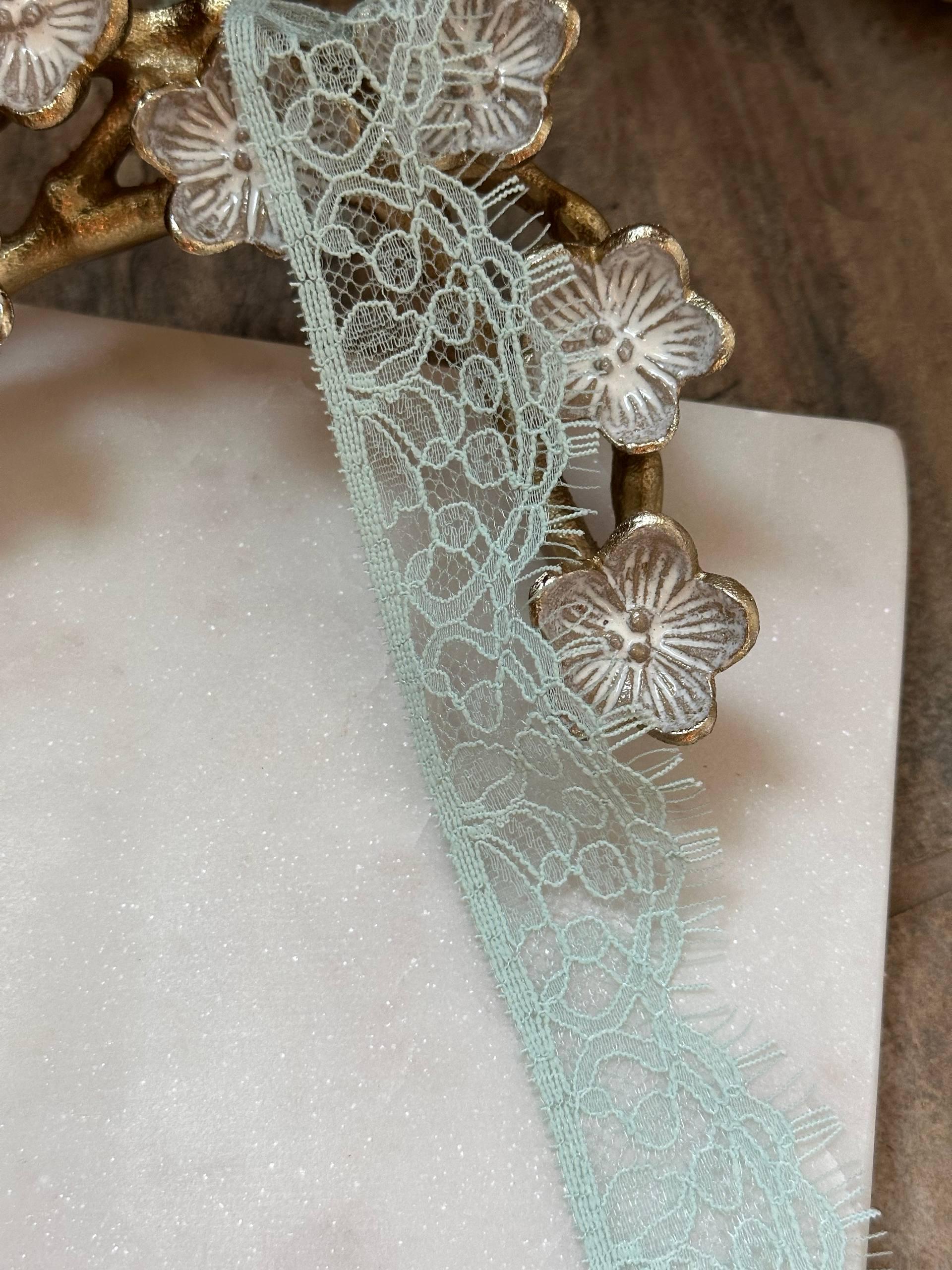Sage Foam Green Floral Eyelash Lace Trim, 1.5 Yard Piece, Delicate Scalloped Eyelash Ribbon for Crafts, 1.25", Retail Wholesale Bulk