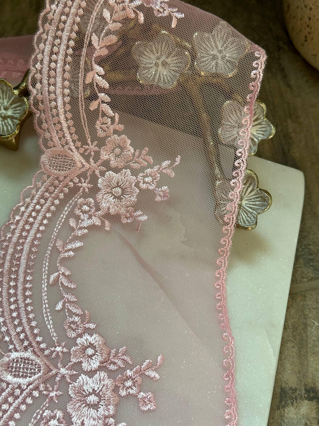 Dusty Rose Pink Ultra Soft Embroidered Mesh Lace Trim by Yard, Floral Scalloped Tulle Ribbon, 4.5", Retail Wholesale Bulk