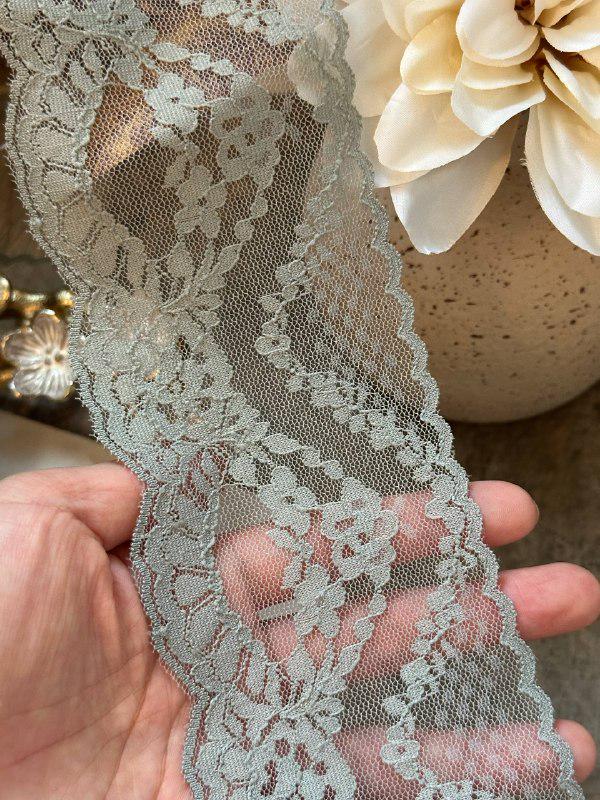 Sage Green Floral Stretch Lace Trim by Yard, Muted Moss Elastic Ribbon for Lingerie Crafts, 3", Retail Wholesale Bulk