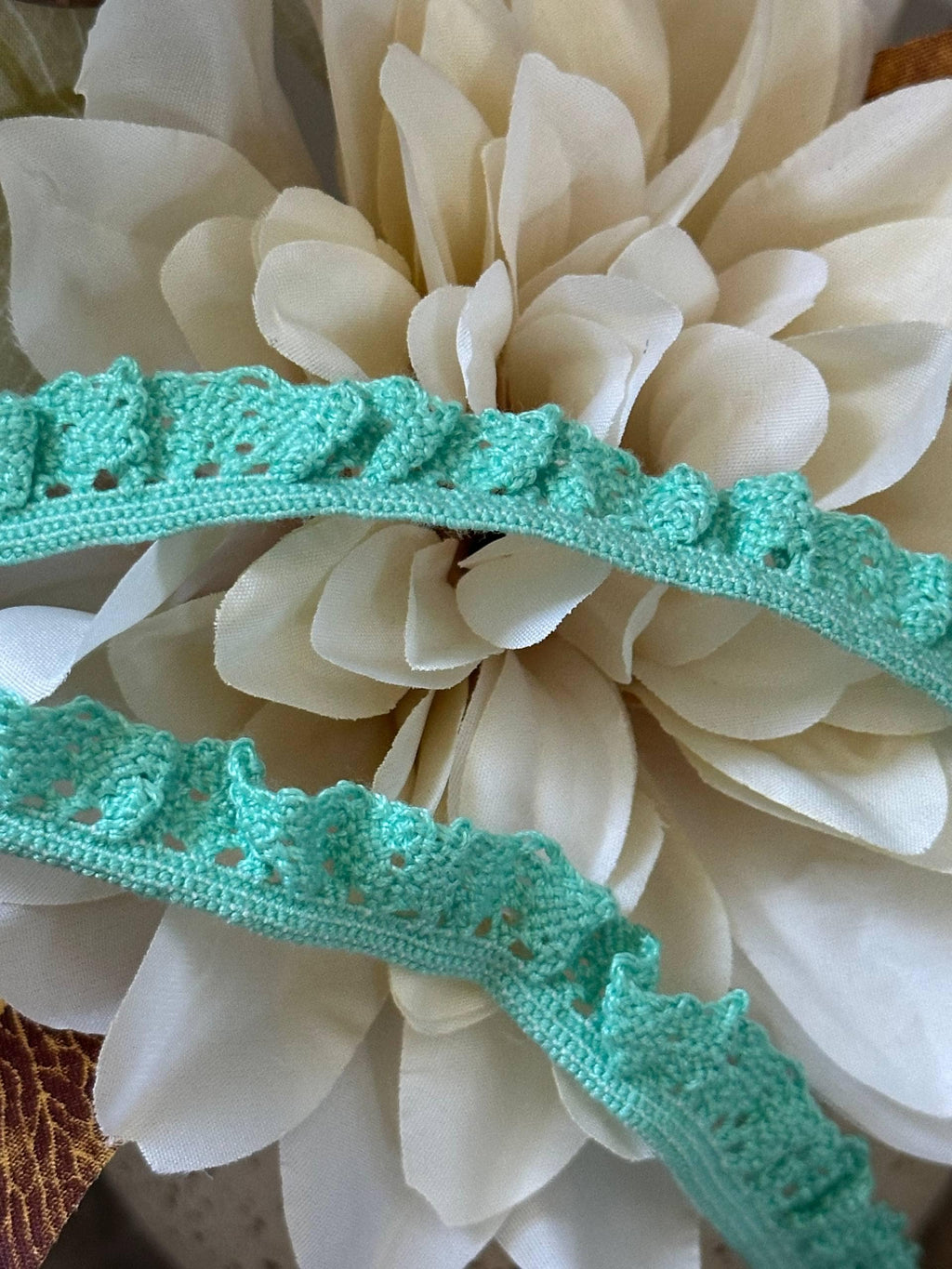 Mint Green Crocheted Ruffled Stretch Elastic Lace Trim by Yard, Knit Ribbon for Doll Clothes, 0.5", Retail Wholesale Bulk