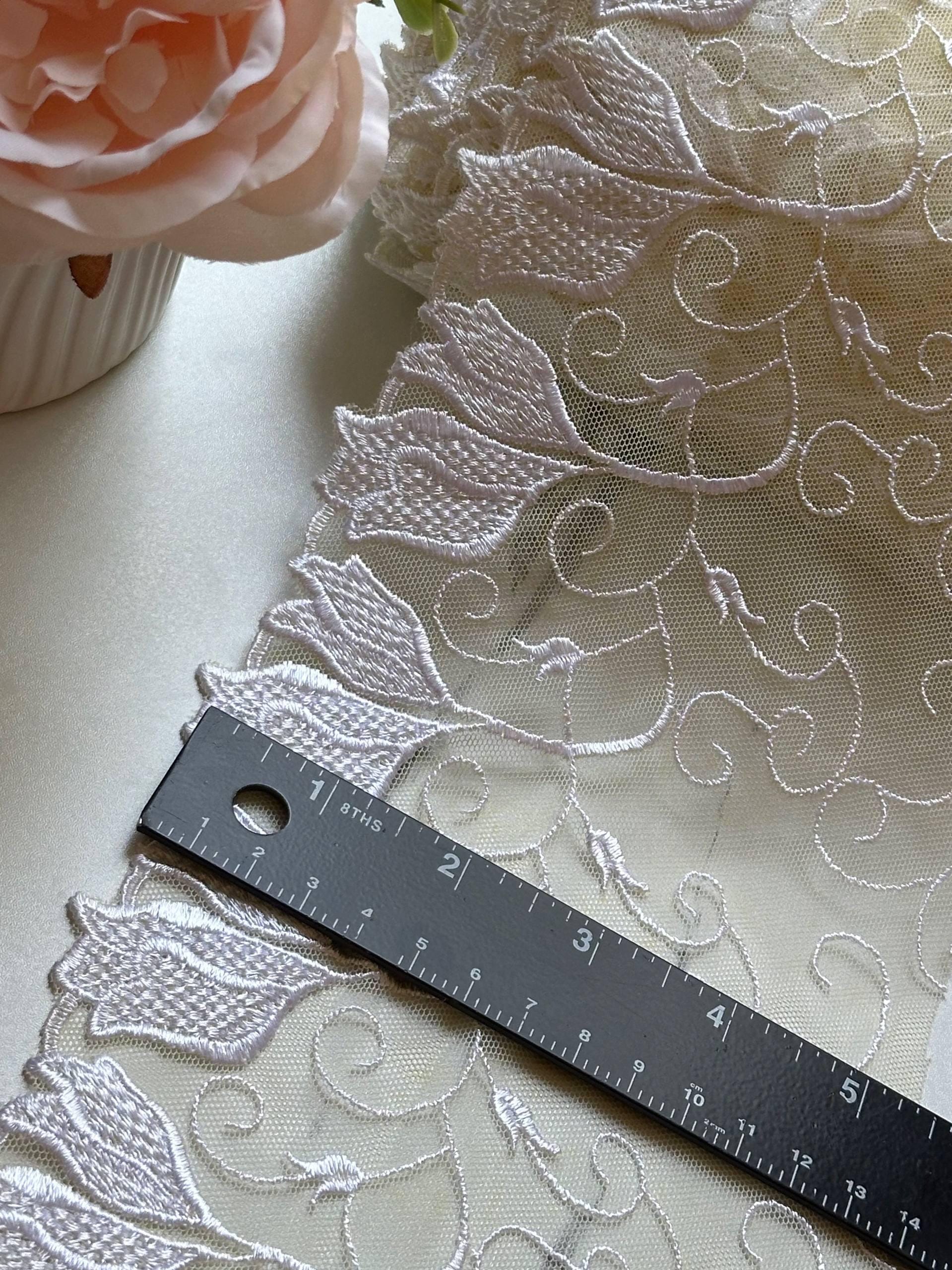 Butter Yellow Ivory Floral Embroidered Mesh Lace Trim by Yard, Tulip Scalloped Tulle Ribbon, 5.3", Retail Wholesale Bulk