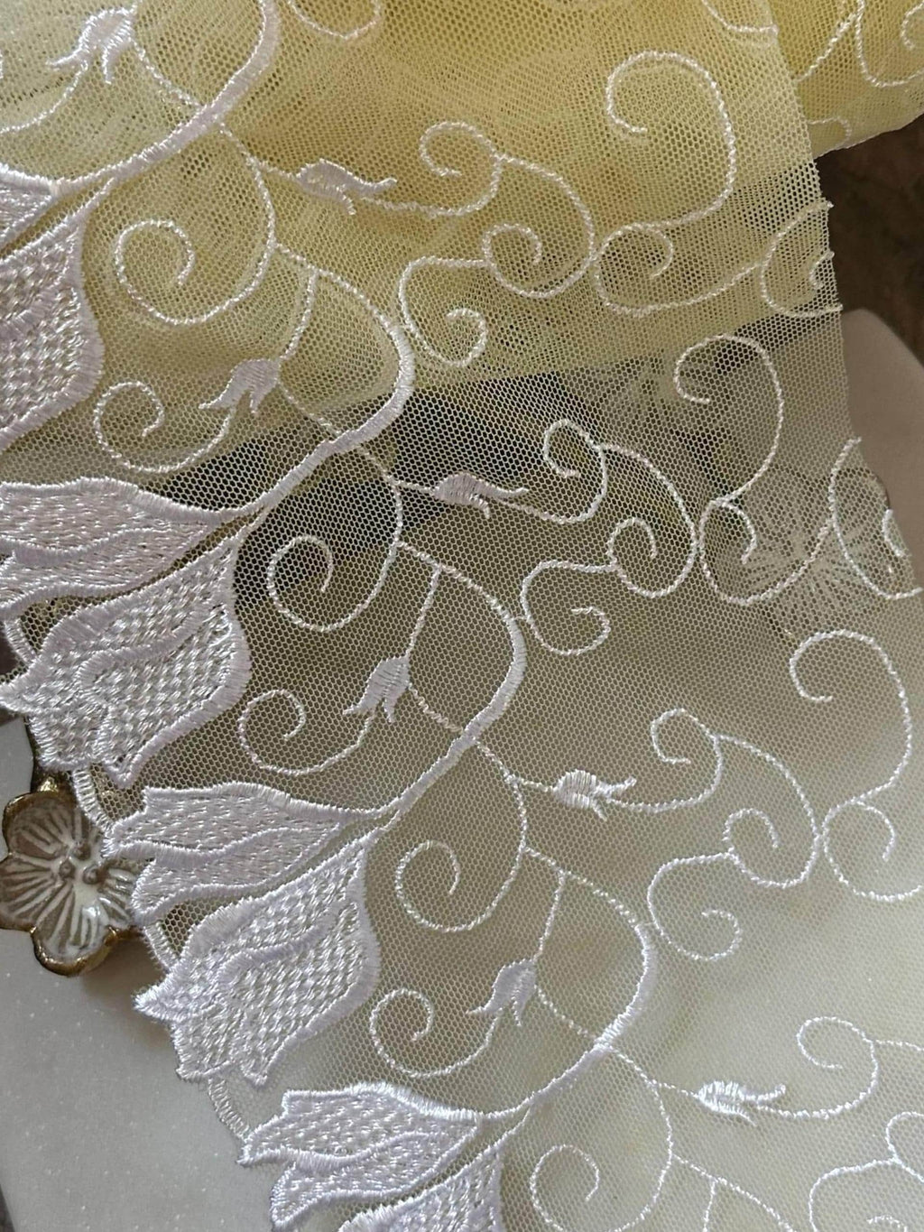 Butter Yellow Ivory Floral Embroidered Mesh Lace Trim by Yard, Tulip Scalloped Tulle Ribbon, 5.3", Retail Wholesale Bulk