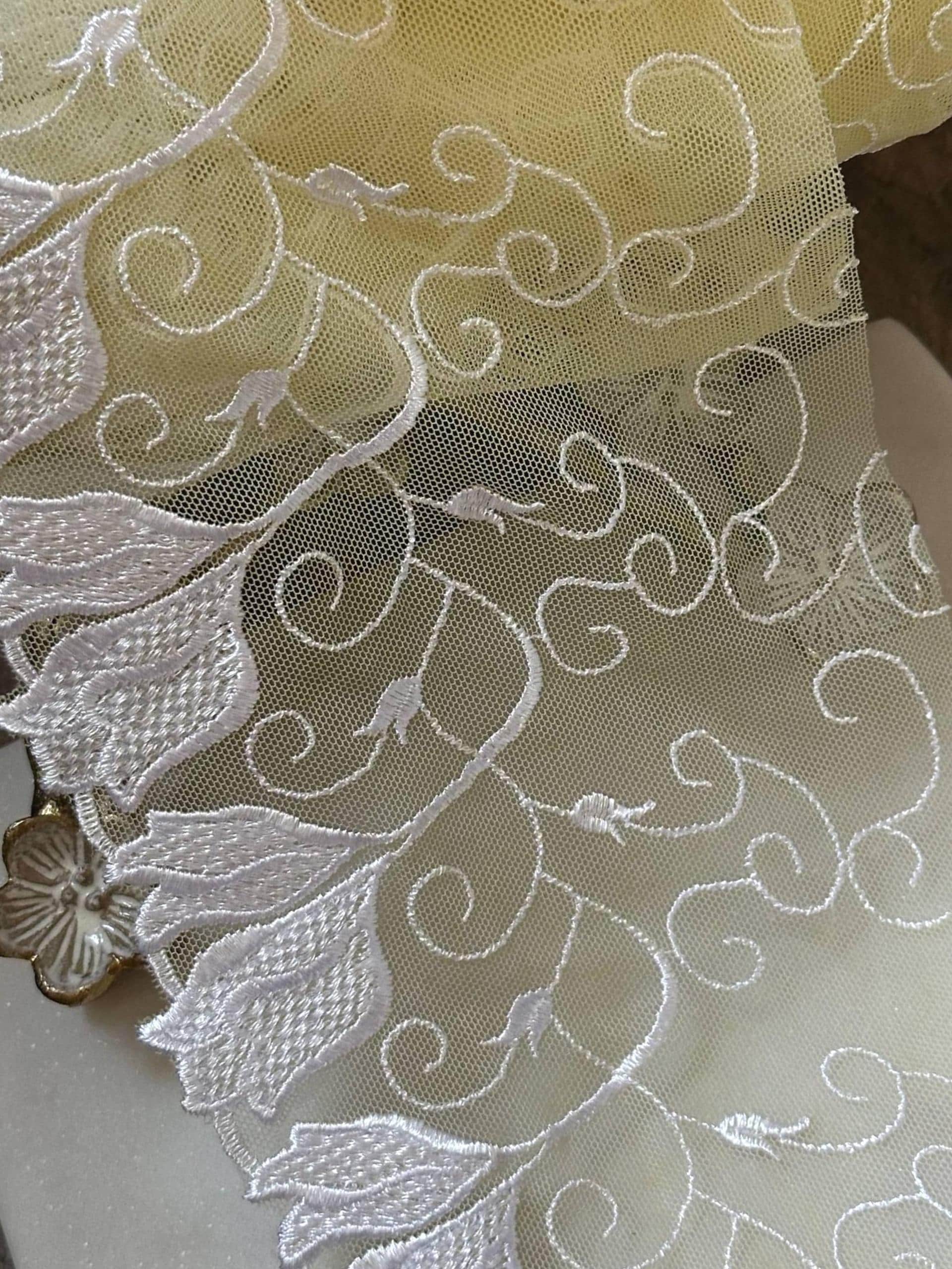 Butter Yellow Ivory Floral Embroidered Mesh Lace Trim by Yard, Tulip Scalloped Tulle Ribbon, 5.3", Retail Wholesale Bulk