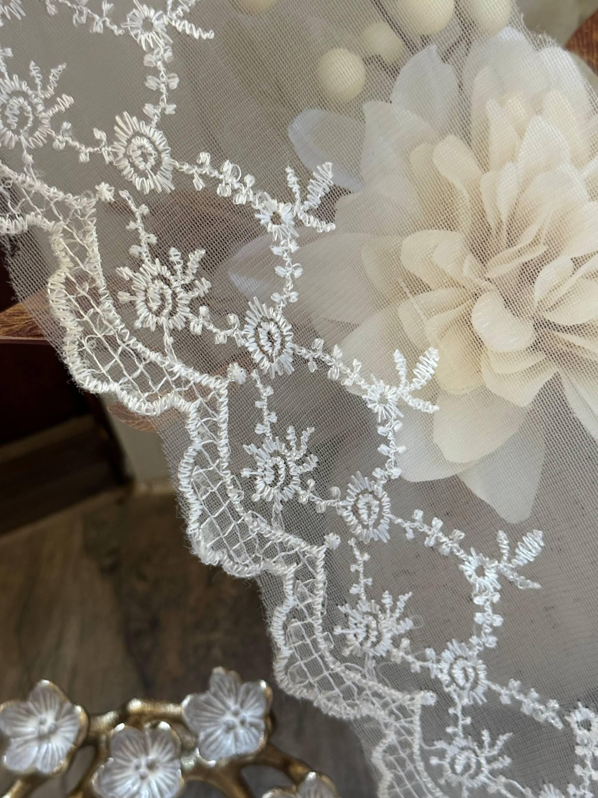 Ivory Organza Embroidered Lace Trim by Yard, Structured Floral Scalloped Ribbon, 5" Wide 3" Embroidery, Retail Wholesale Bulk