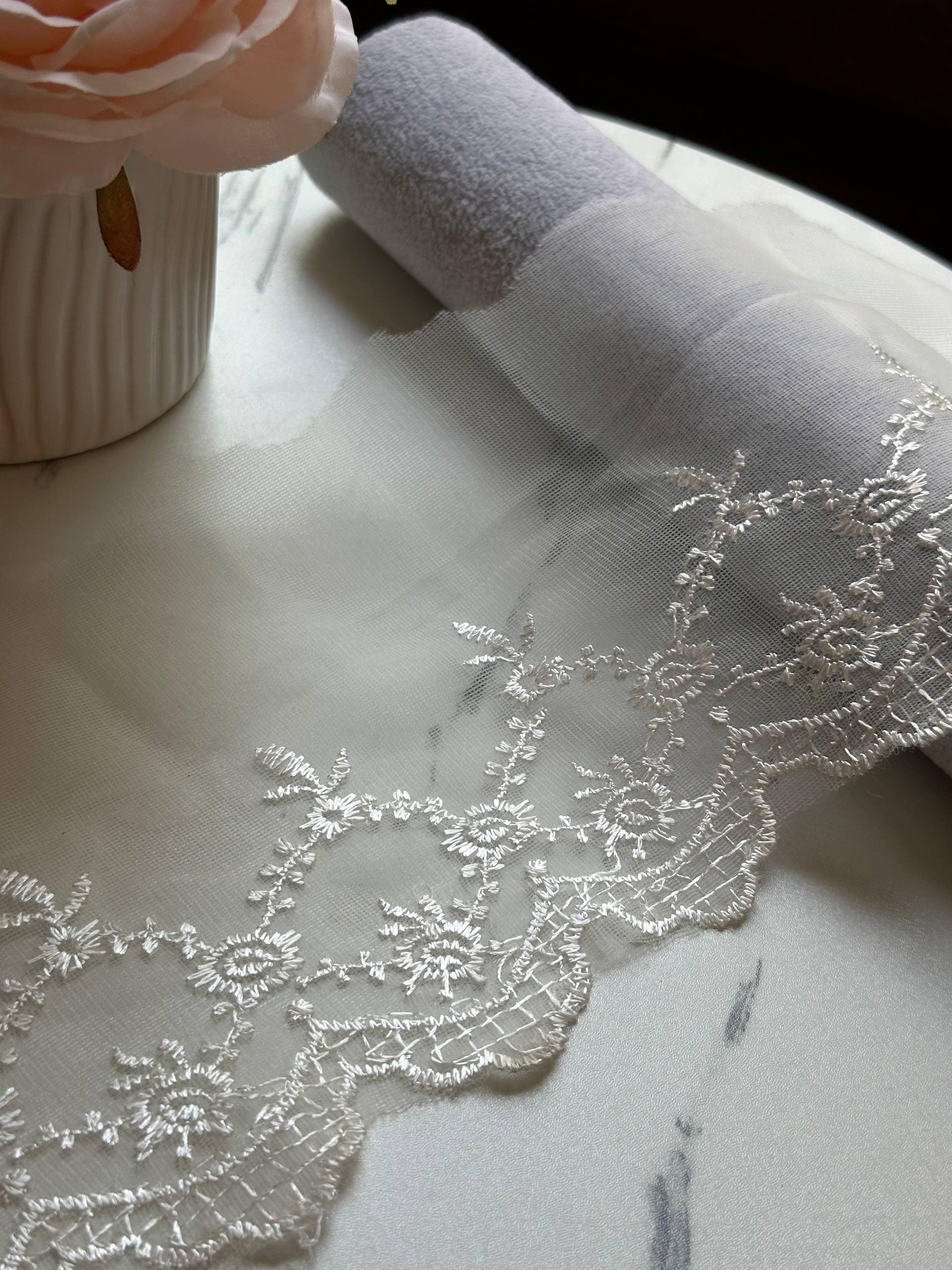 Ivory Organza Embroidered Lace Trim by Yard, Structured Floral Scalloped Ribbon, 5" Wide 3" Embroidery, Retail Wholesale Bulk