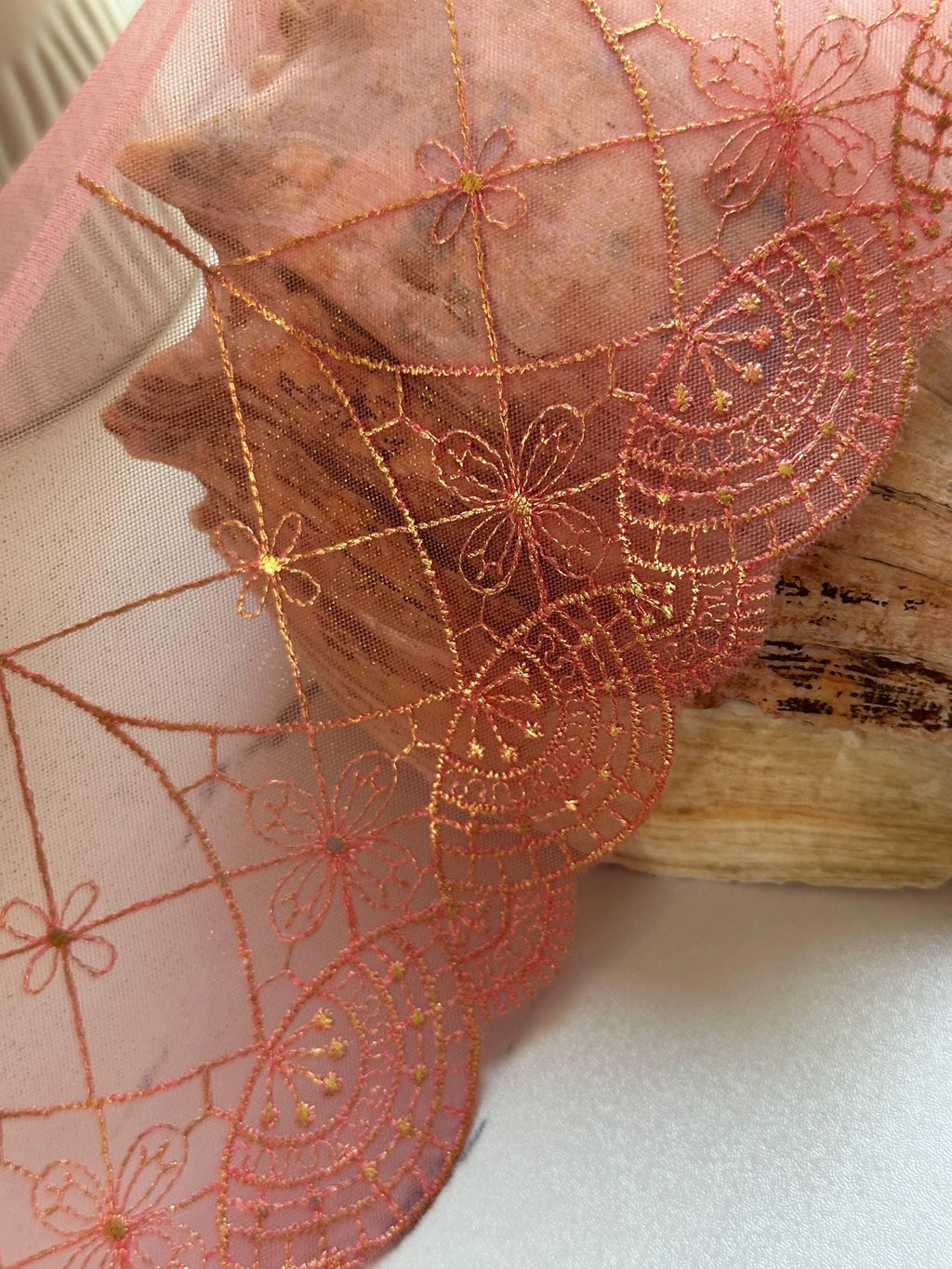 Iridescent Mermaid Pink Gold Embroidered Mesh Lace Trim by Yard, Shimmering Scalloped Tulle Ribbon, 6", Retail Wholesale Bulk