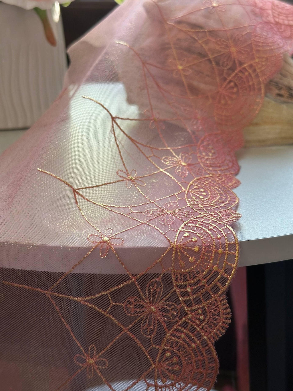 Iridescent Mermaid Pink Gold Embroidered Mesh Lace Trim by Yard, Shimmering Scalloped Tulle Ribbon, 6", Retail Wholesale Bulk