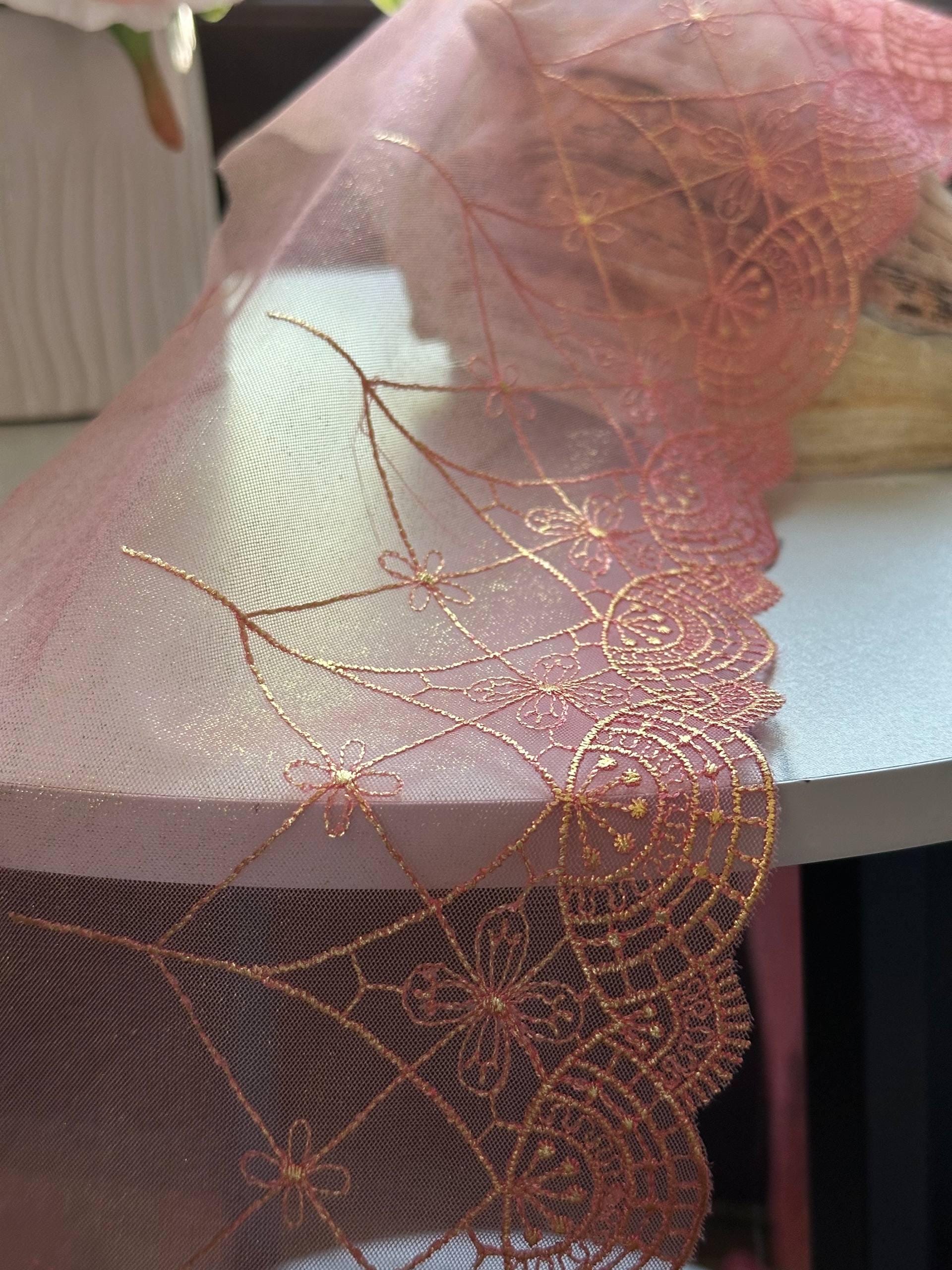 Iridescent Mermaid Pink Gold Embroidered Mesh Lace Trim by Yard, Shimmering Scalloped Tulle Ribbon, 6", Retail Wholesale Bulk