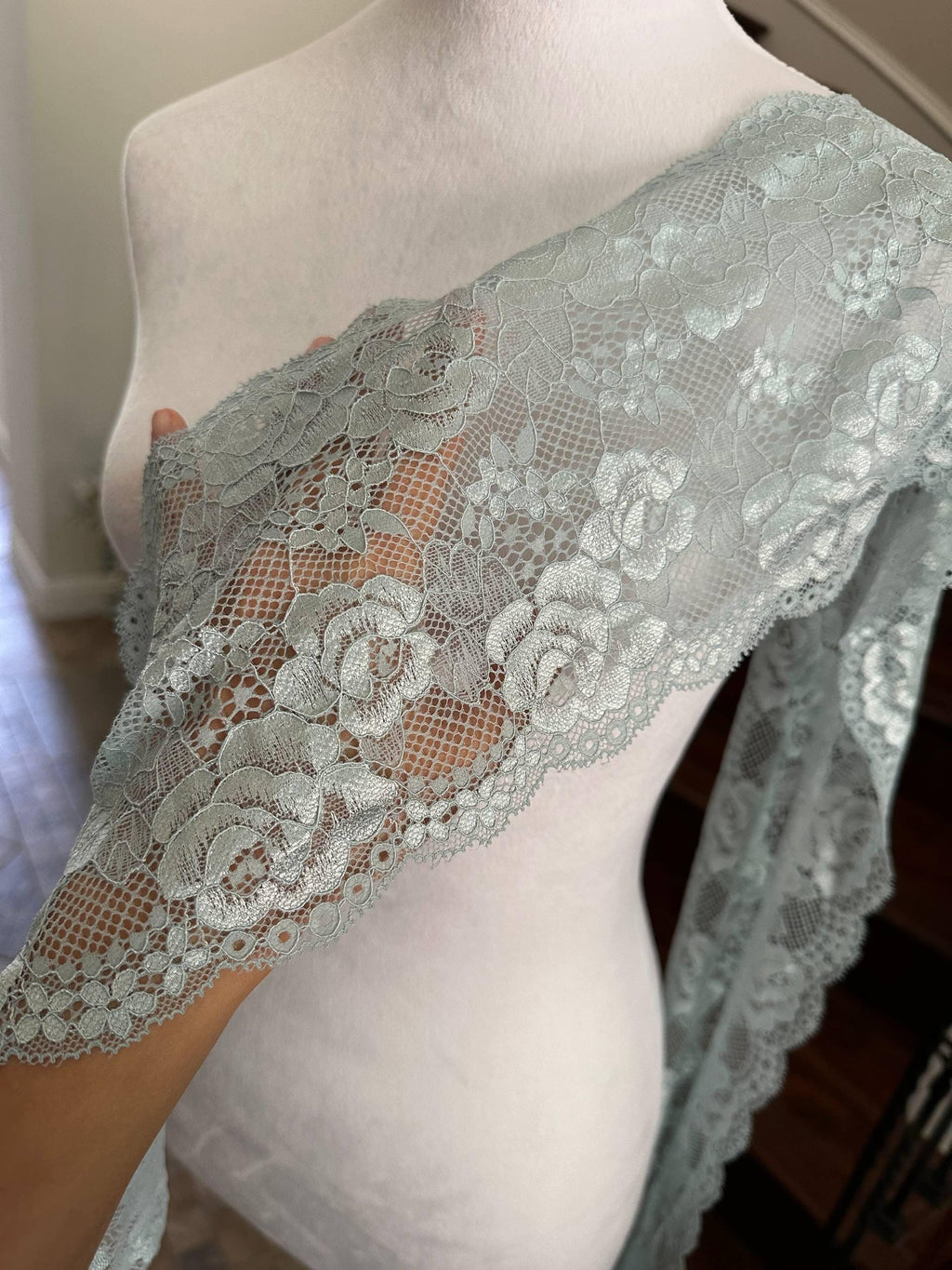 Muted Sage Dust Floral Stretch Lace Trim by the Yard, Wide Elastic Galloon Lace Trim for Lingerie Bridal Crafts, 6.5"