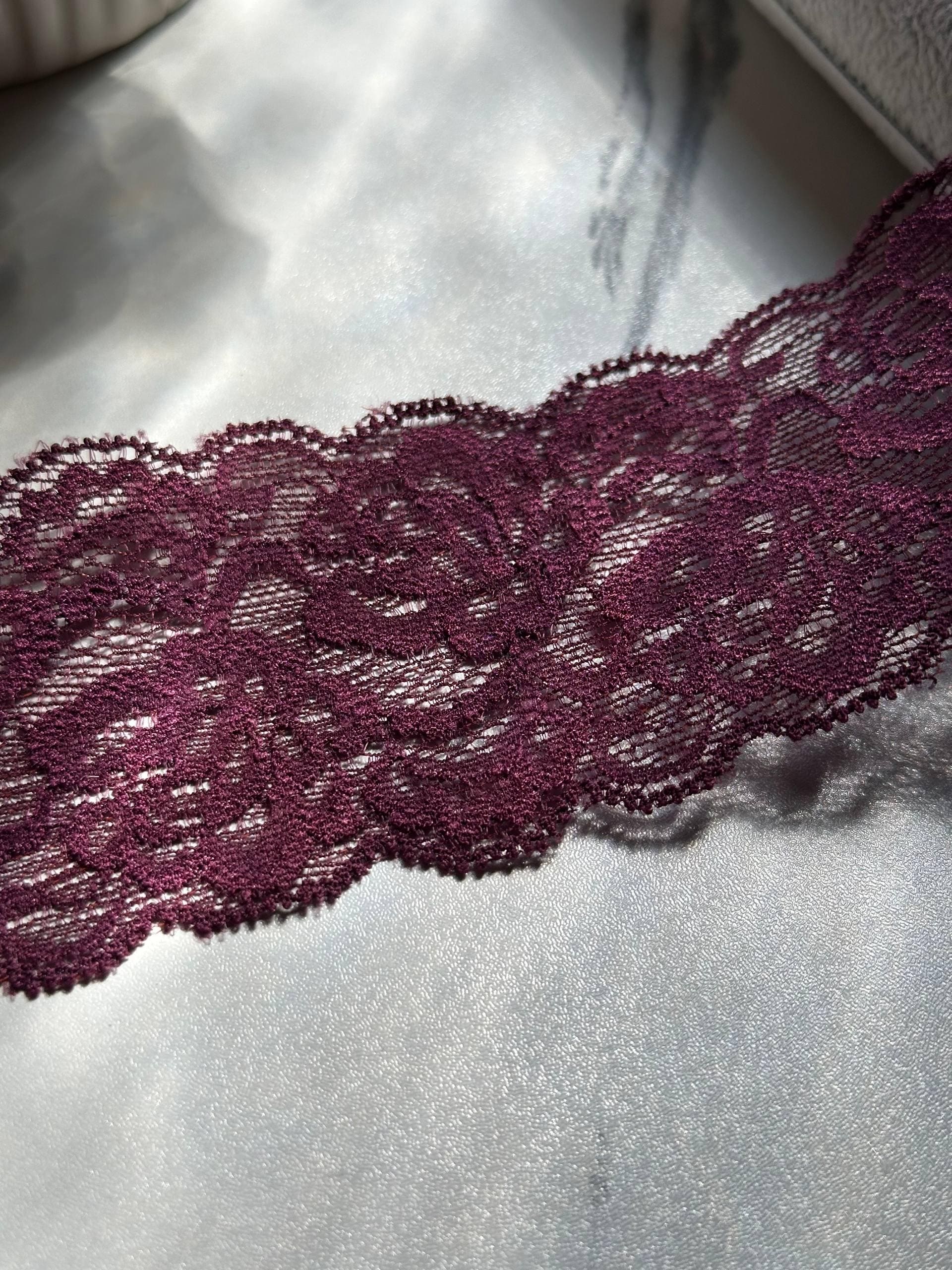 Burgundy Wine Floral Stretch Elastic Lace Trim by the Yard, Wide Scalloped Galloon Ribbon for Lingerie Bridal Sewing Crafts, 2.2"