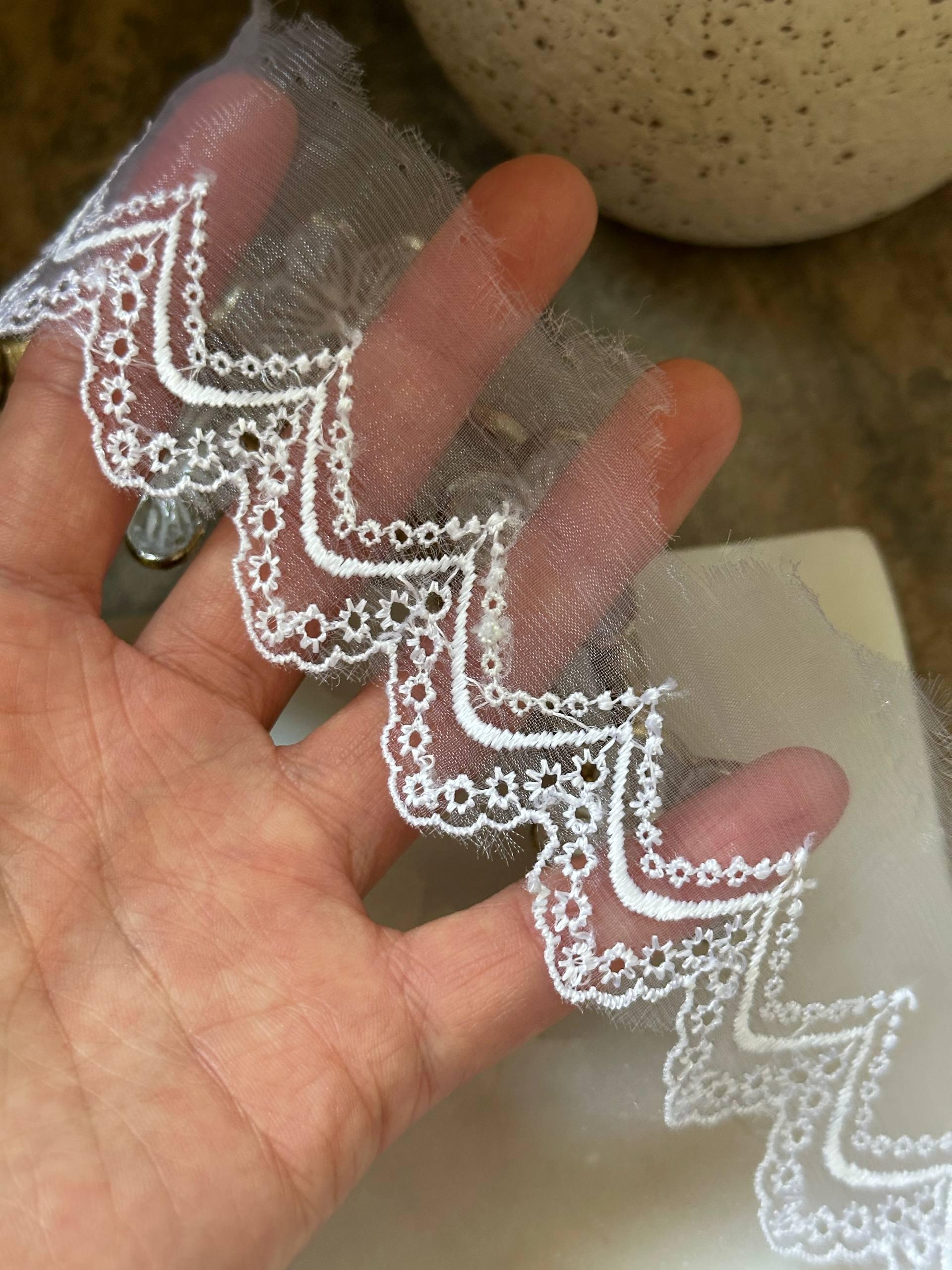Crisp White Organza Embroidered Lace Trim by Yard, Structured Chevron Scalloped Ribbon, 1.8", Retail Wholesale Bulk