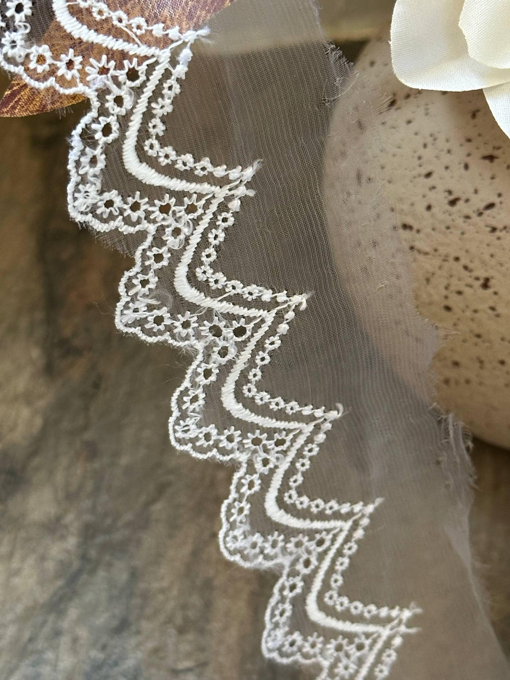 Crisp White Organza Embroidered Lace Trim by Yard, Structured Chevron Scalloped Ribbon, 1.8", Retail Wholesale Bulk