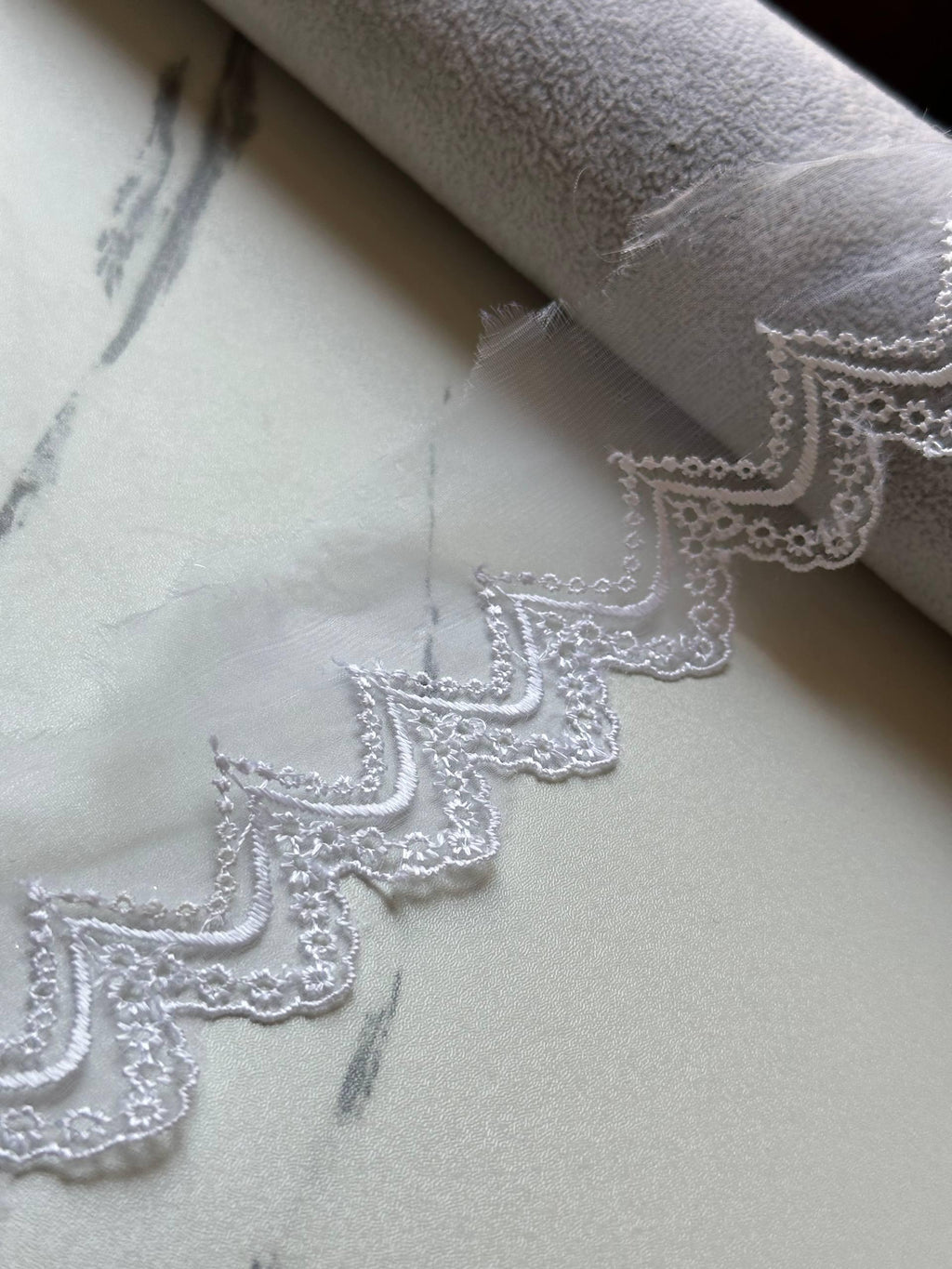 Crisp White Organza Embroidered Lace Trim by Yard, Structured Chevron Scalloped Ribbon, 1.8", Retail Wholesale Bulk