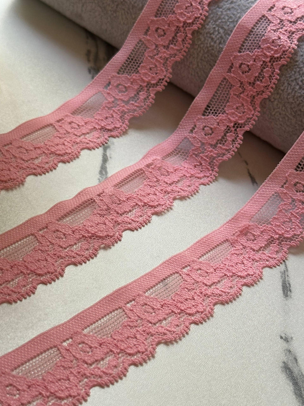 Soft Pink Stretch Lace Trim by Yard, Floral Scalloped Elastic Ribbon, Coquette Craft Supply, 1", Retail Wholesale Bulk