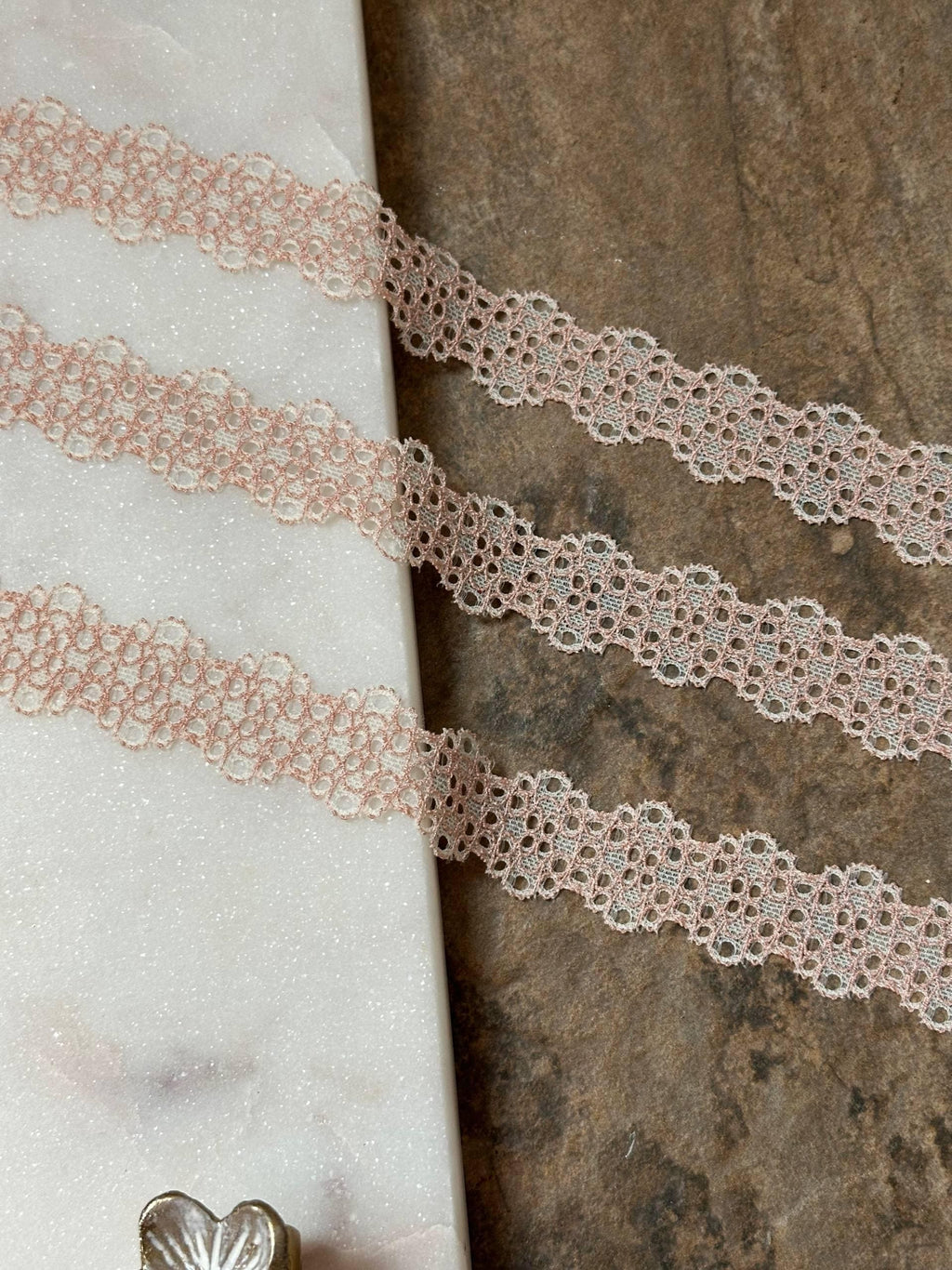 Two Tone Pink Cream Stretch Lace Trim by Yard, Elastic Ribbon, Coquette Craft Supply, 0.85", Retail Wholesale Bulk