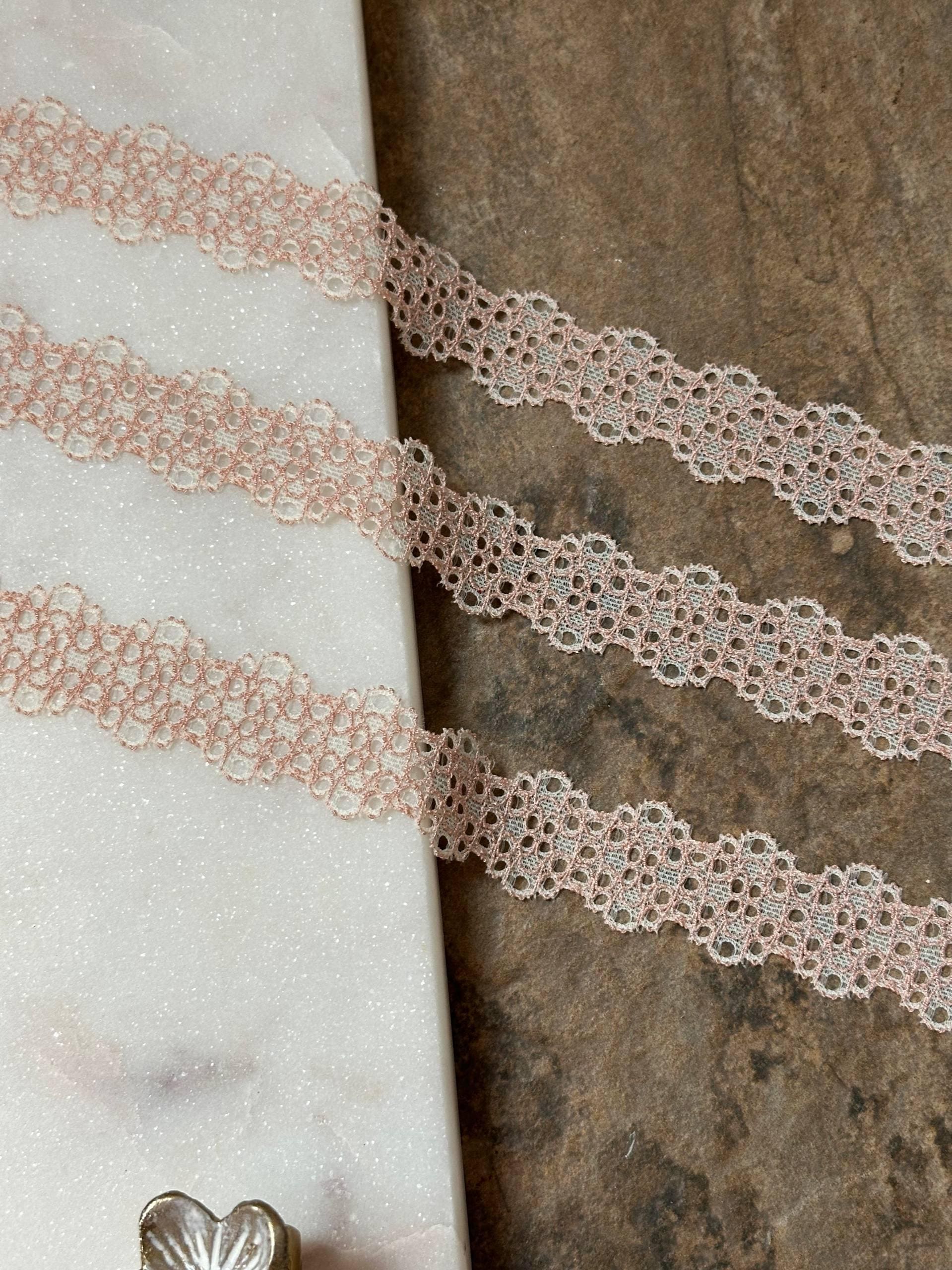 Two Tone Pink Cream Stretch Lace Trim by Yard, Elastic Ribbon, Coquette Craft Supply, 0.85", Retail Wholesale Bulk