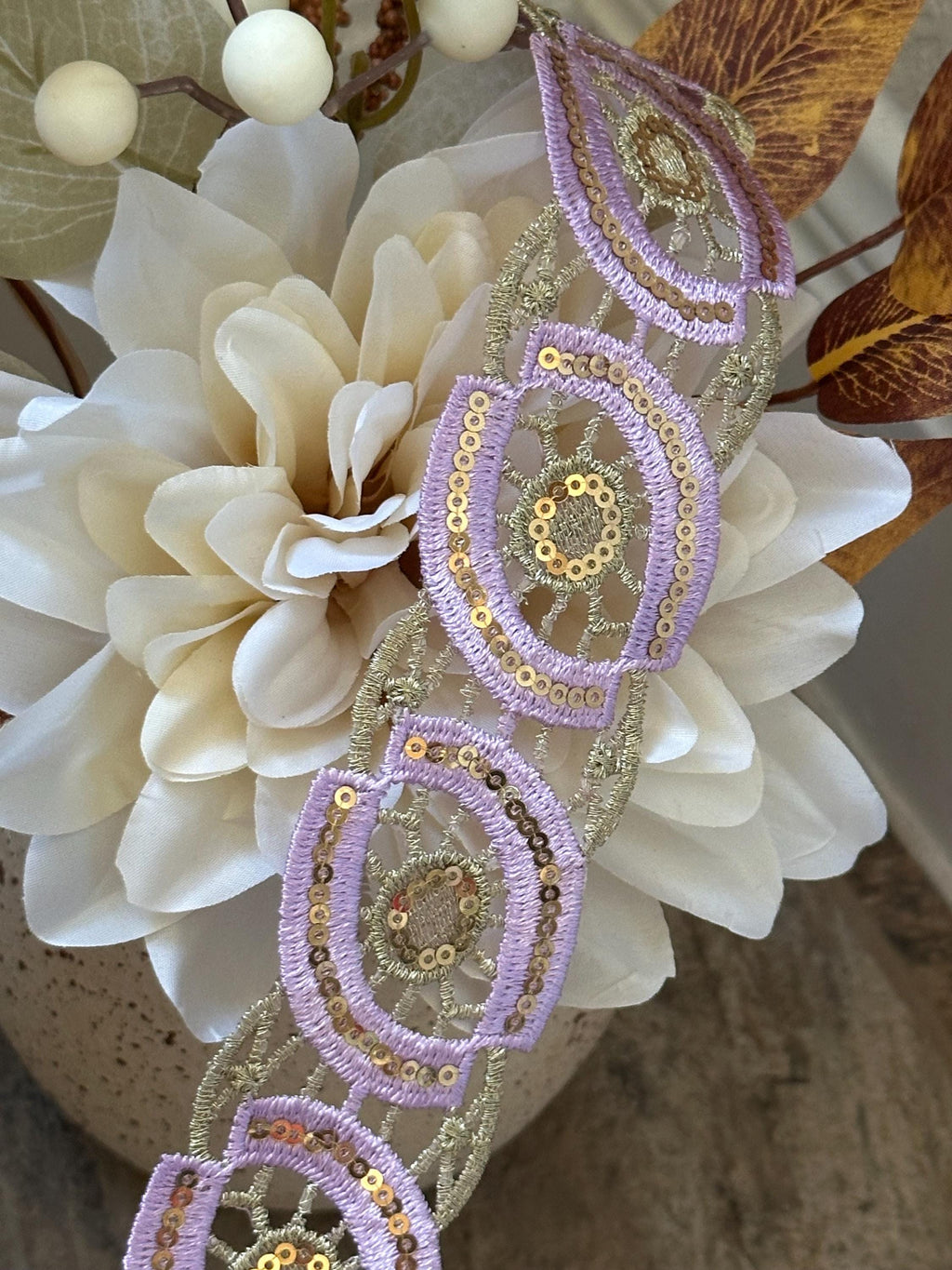 Lavender Gold Sequin Guipure Water Soluble Lace Trim Metallic Ribbon, Coquette Craft Supply, 1.5", Retail Wholesale Bulk
