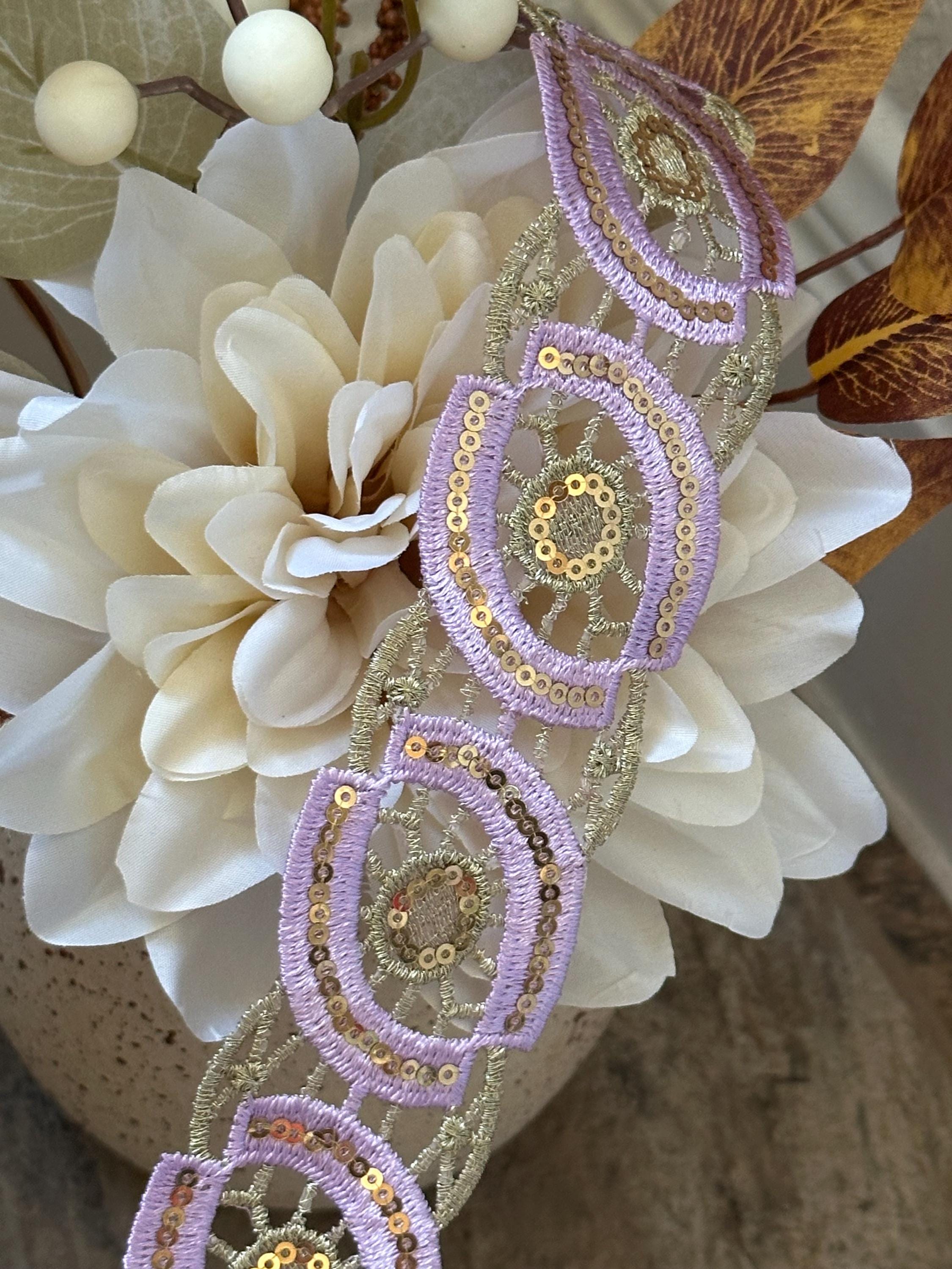 Lavender Gold Sequin Guipure Water Soluble Lace Trim Metallic Ribbon, Coquette Craft Supply, 1.5", Retail Wholesale Bulk