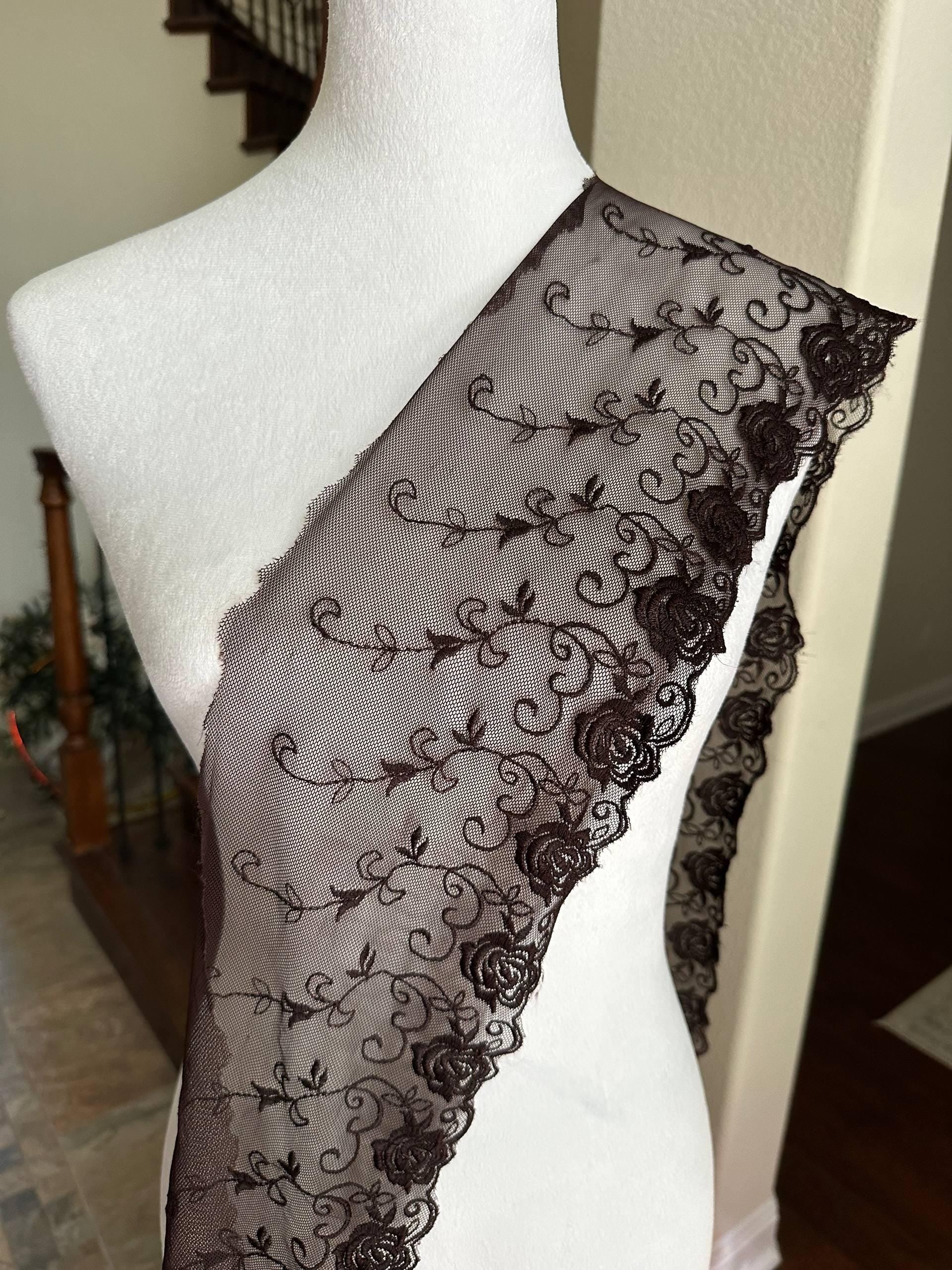 Espresso Brown Rose Embroidered Tulle Mesh Lace Trim by the Yard, Soft Wide Sheer Floral Ribbon for Lingerie Bridal Veil, 6"