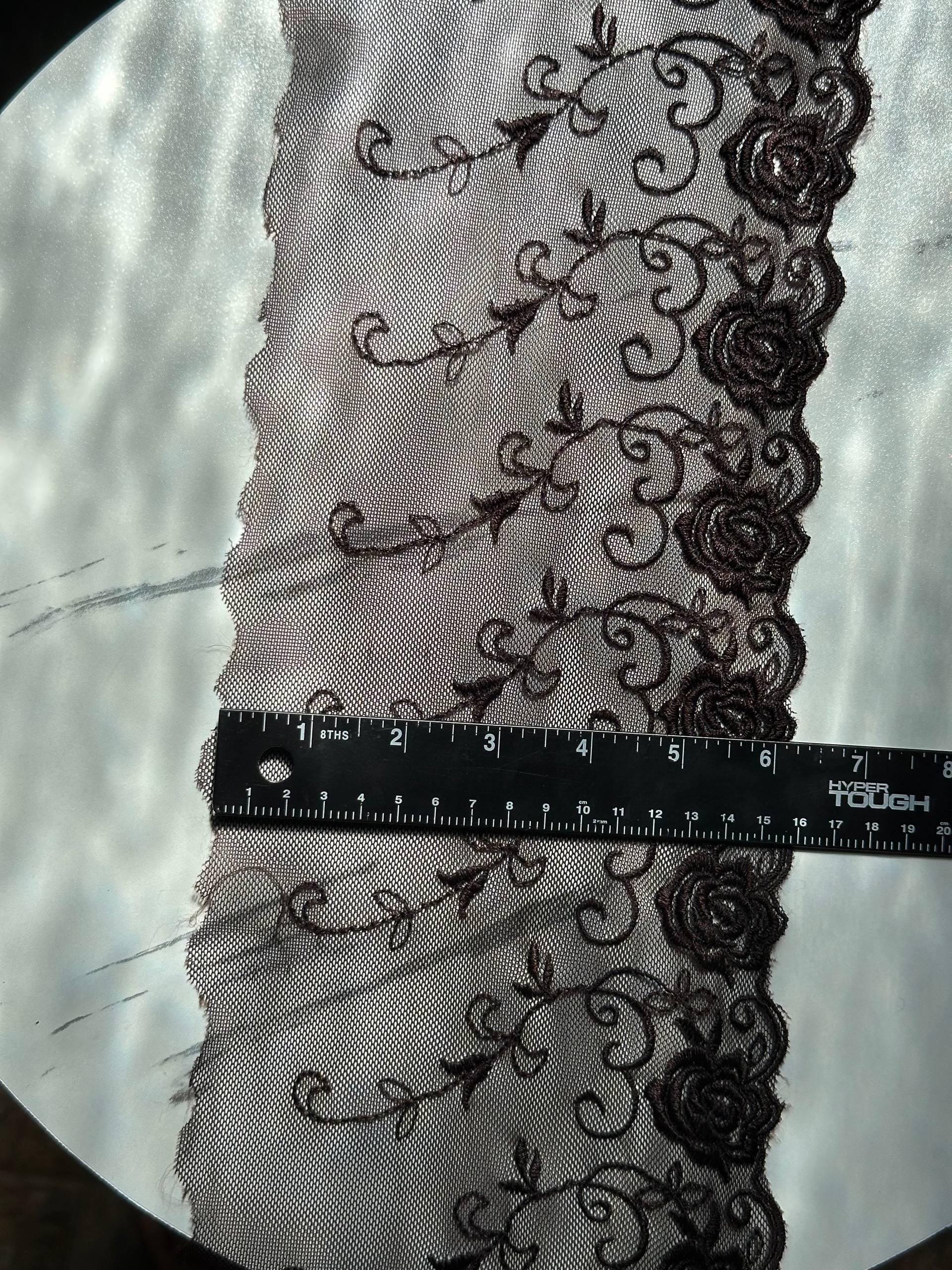 Espresso Brown Rose Embroidered Tulle Mesh Lace Trim by the Yard, Soft Wide Sheer Floral Ribbon for Lingerie Bridal Veil, 6"