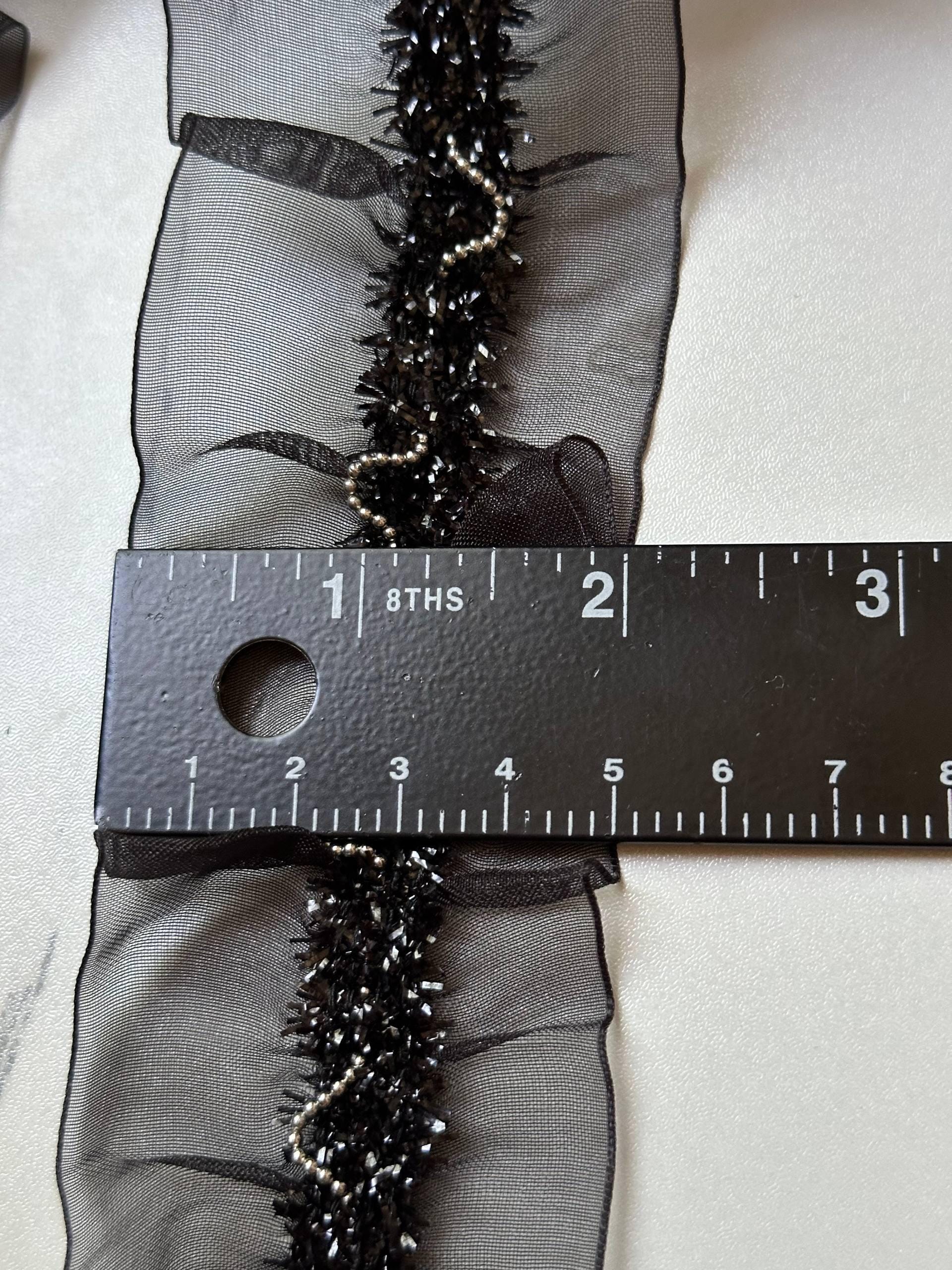 Black Pleated Organza Bead Chain Lace Trim by the Yard, Wide Beaded Metallic Ball Chain Ribbon for Garment Crafts, 2"