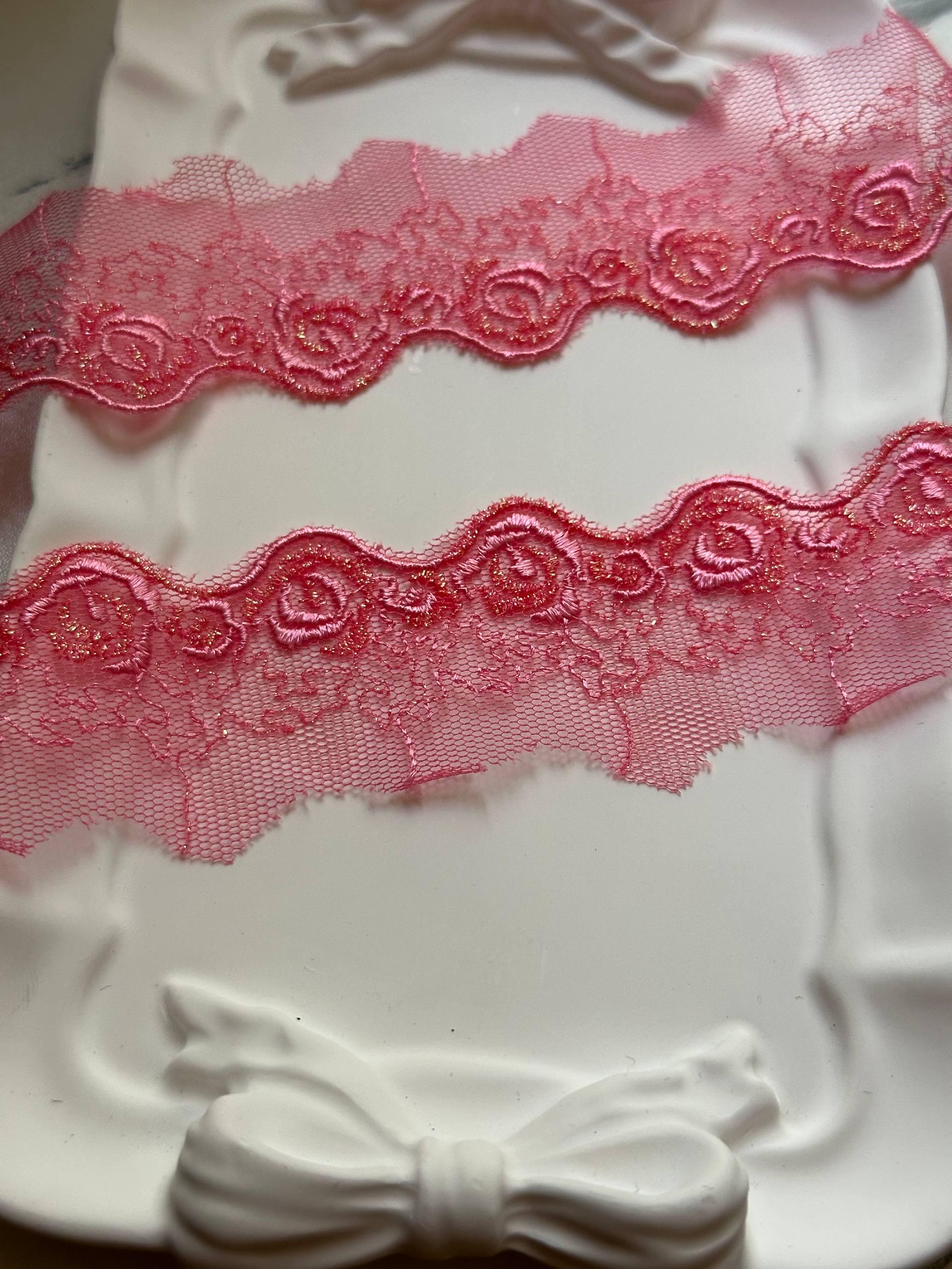 Glitter Pink Rose Embroidered Mesh Organza Lace Trim by the Yard, Narrow Shimmer Metallic Ribbon for Craft Junk Journal, 1"