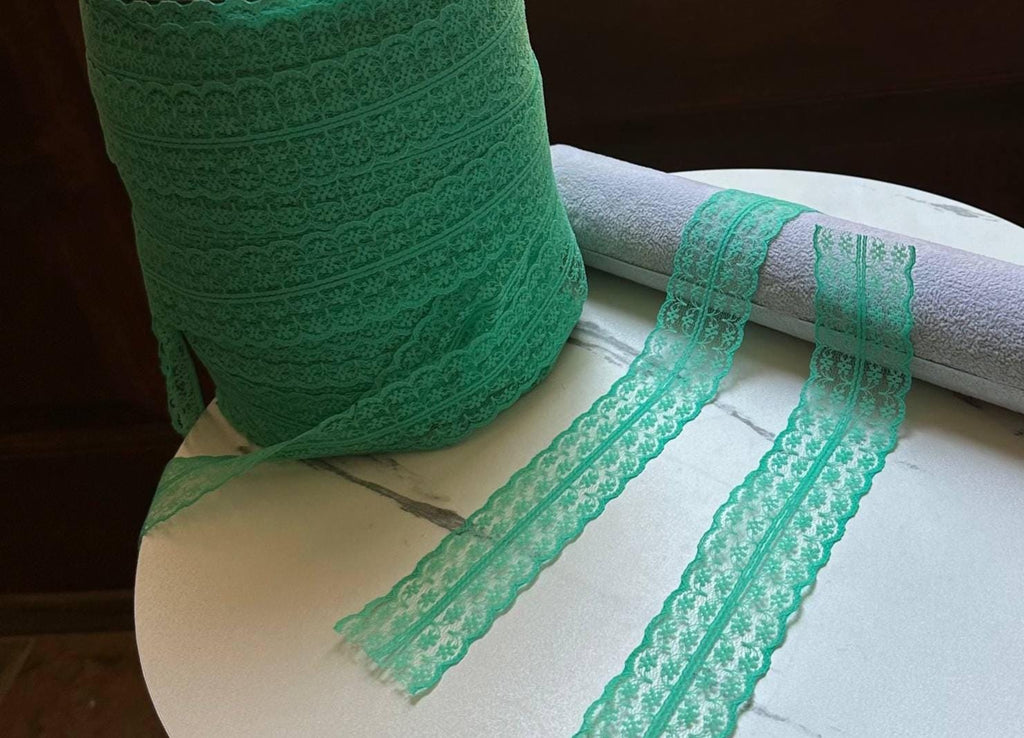 Mint Green Floral Rigid Lace Trim by the Yard, Structured Non Stretch Scalloped Galloon Ribbon for Hair Bows Crafts, 1.75"