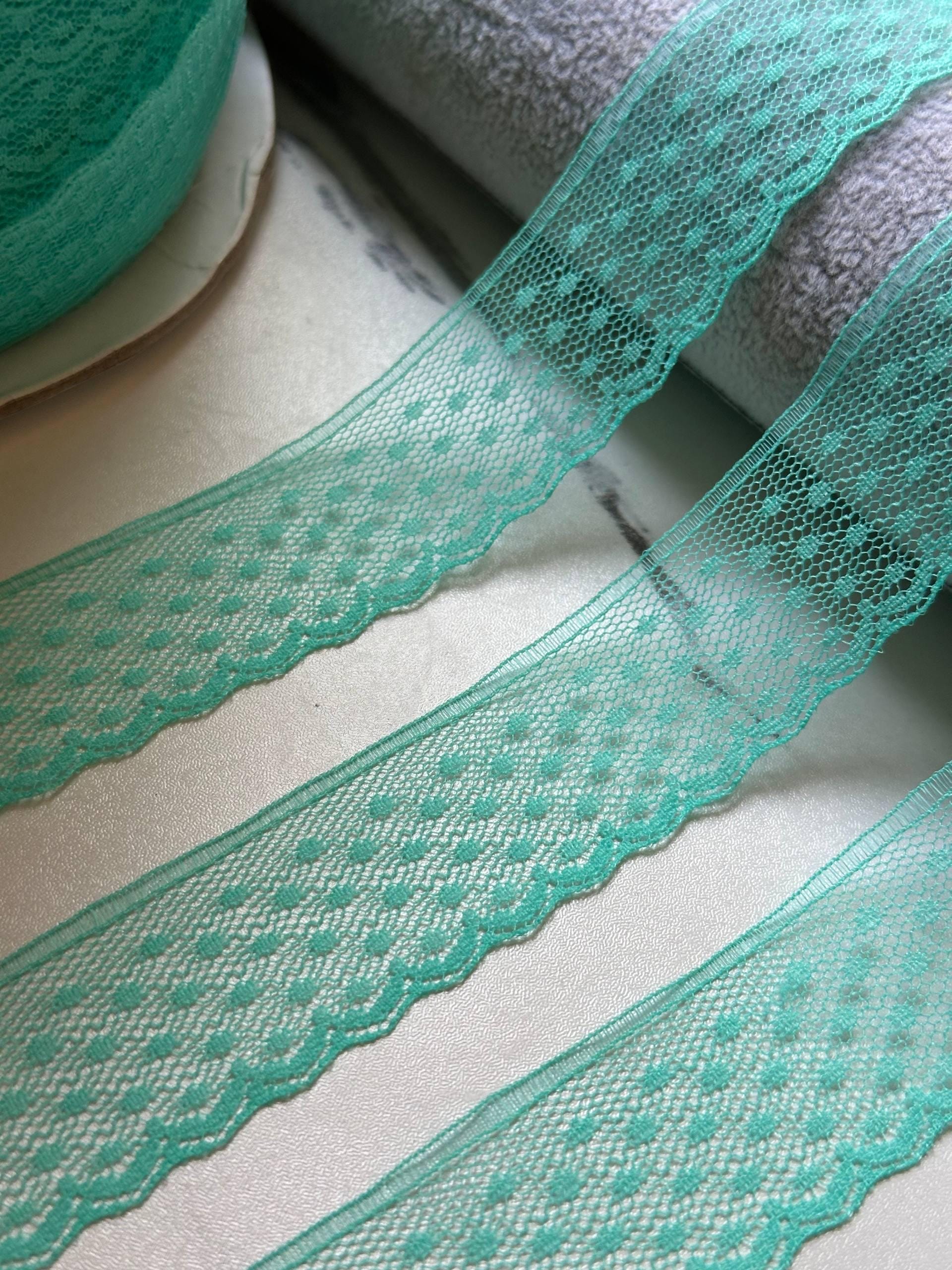 Mint Green Polka Dot Mesh Lace Trim by the Yard, Narrow Sheer Point d'Esprit Scalloped Ribbon for Lingerie Crafts, 1.1"