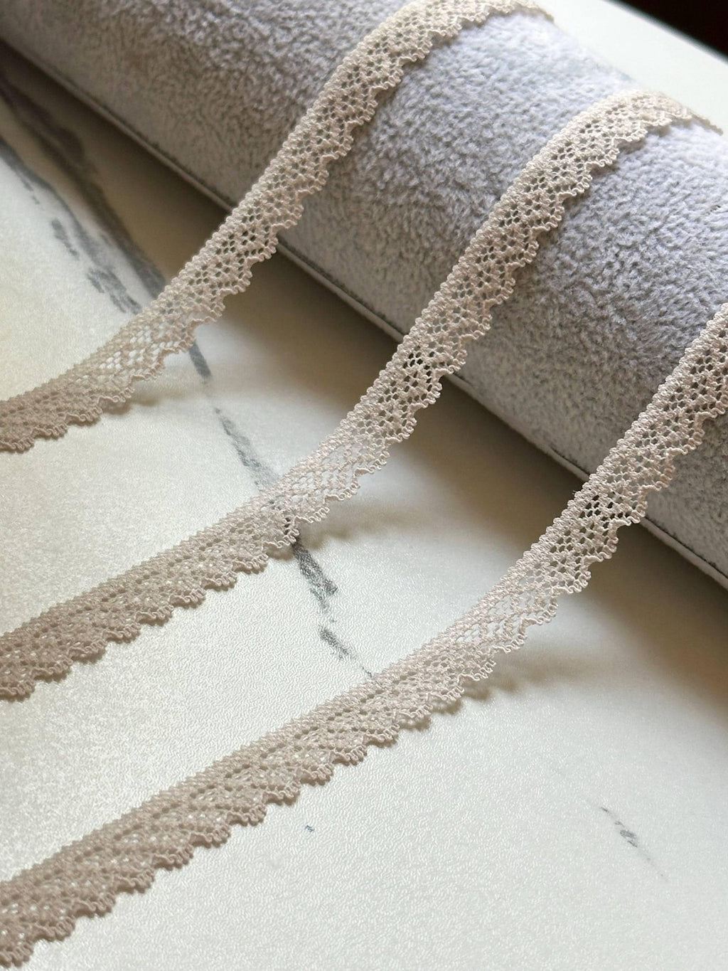 Greige Stretch Lace Trim by Yard, Oatmeal Ultra Narrow Elastic Ribbon, Coquette Craft Supply, 0.35", Retail Wholesale Bulk