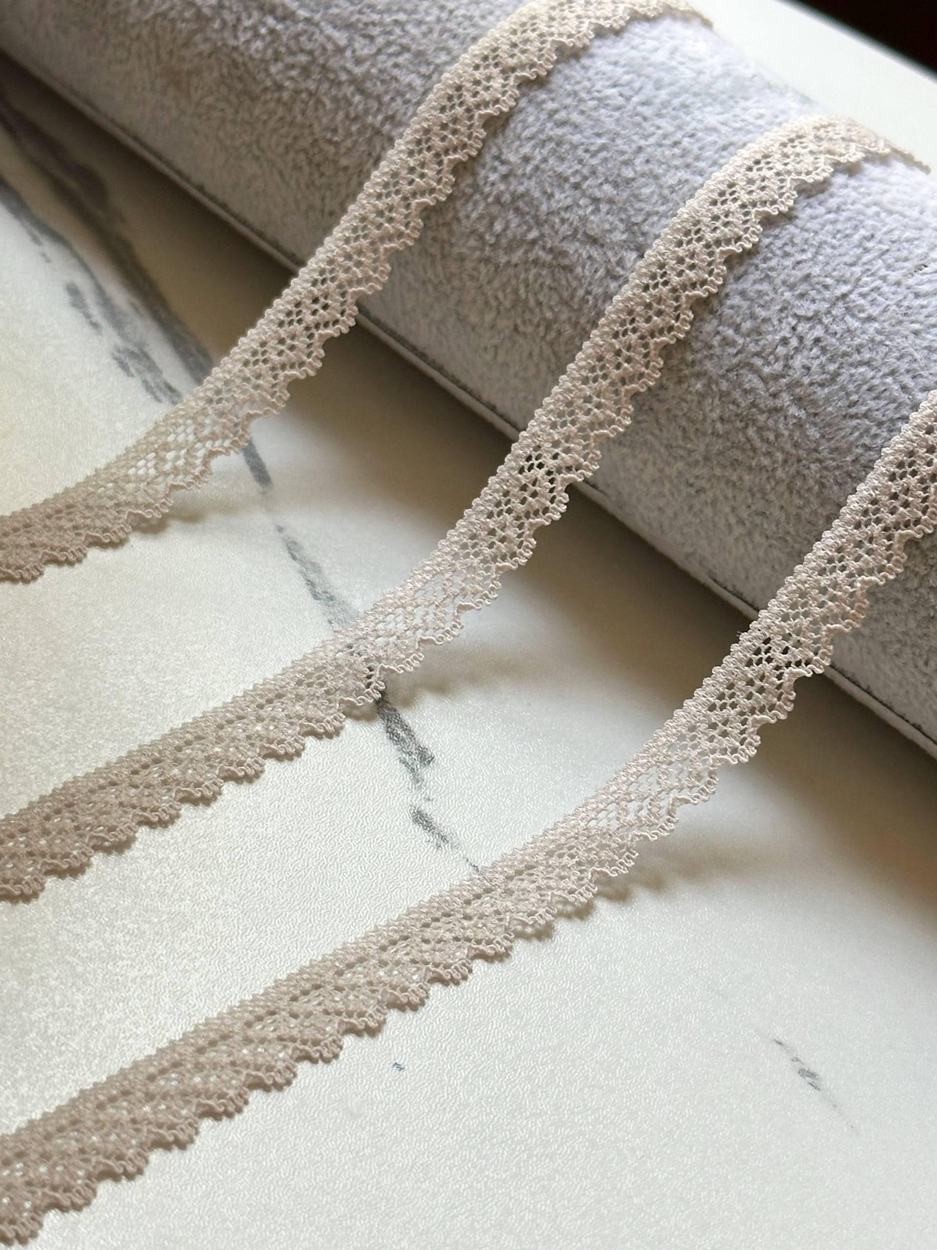 Greige Stretch Lace Trim by Yard, Oatmeal Ultra Narrow Elastic Ribbon, Coquette Craft Supply, 0.35", Retail Wholesale Bulk