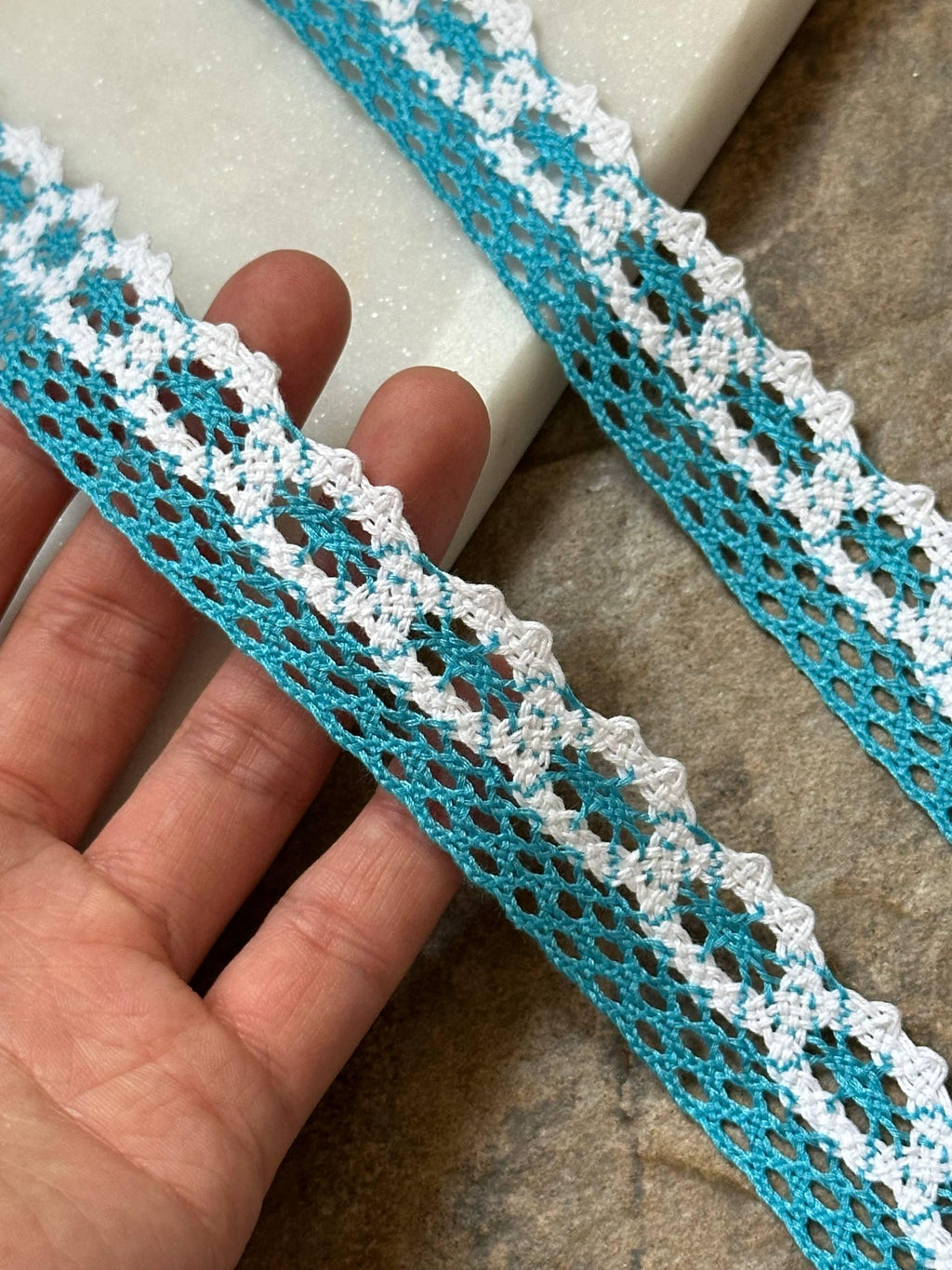Two Tone Peacock Turquoise Cotton Lace Trim, Openwork Crochet Ribbon, Coquette Craft Supply, 0.85", Retail Wholesale Bulk