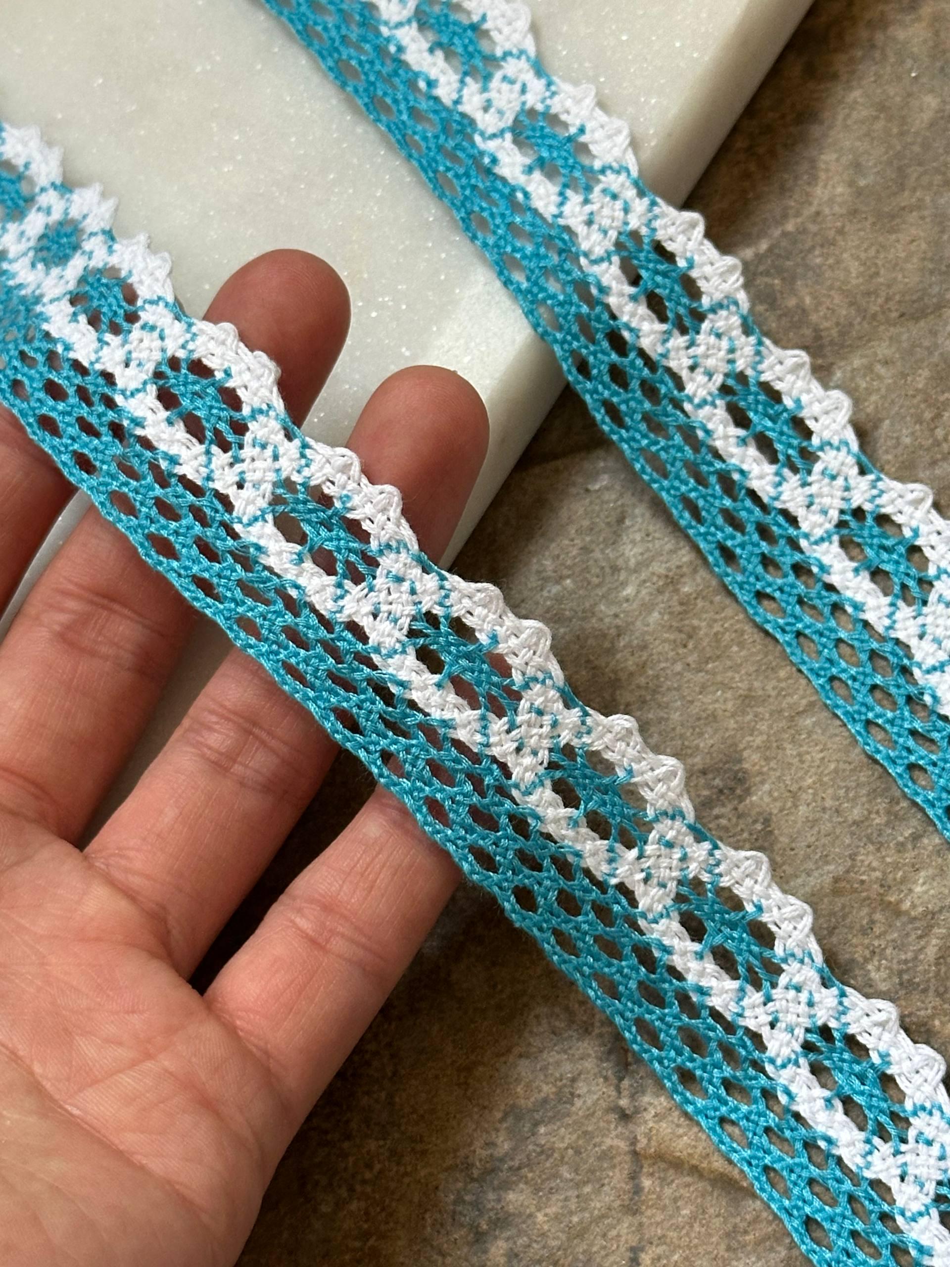 Two Tone Peacock Turquoise Cotton Lace Trim, Openwork Crochet Ribbon, Coquette Craft Supply, 0.85", Retail Wholesale Bulk