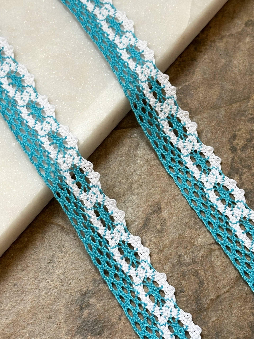 Two Tone Peacock Turquoise Cotton Lace Trim, Openwork Crochet Ribbon, Coquette Craft Supply, 0.85", Retail Wholesale Bulk